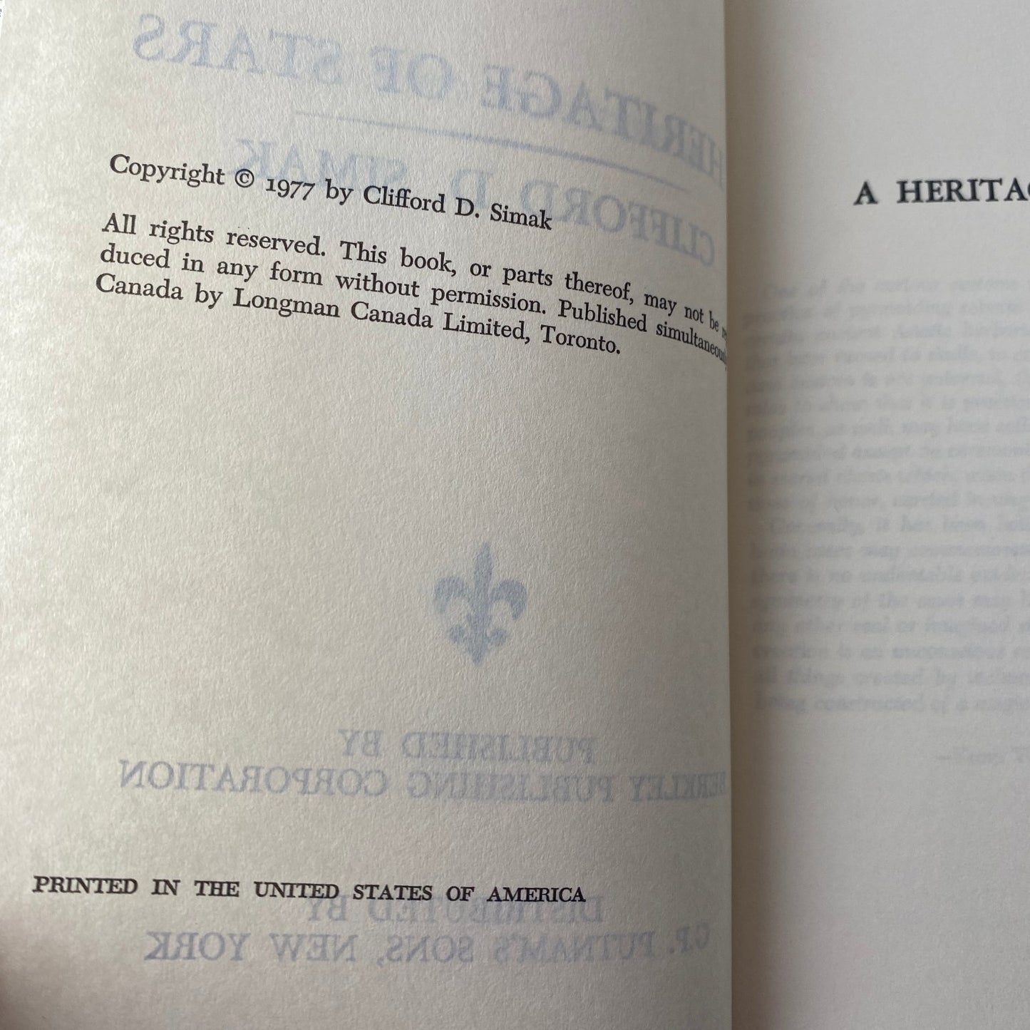 A Heritage of Stars Clifford D. Simak 1977 Book Club Edition Sci-Fi Berkley