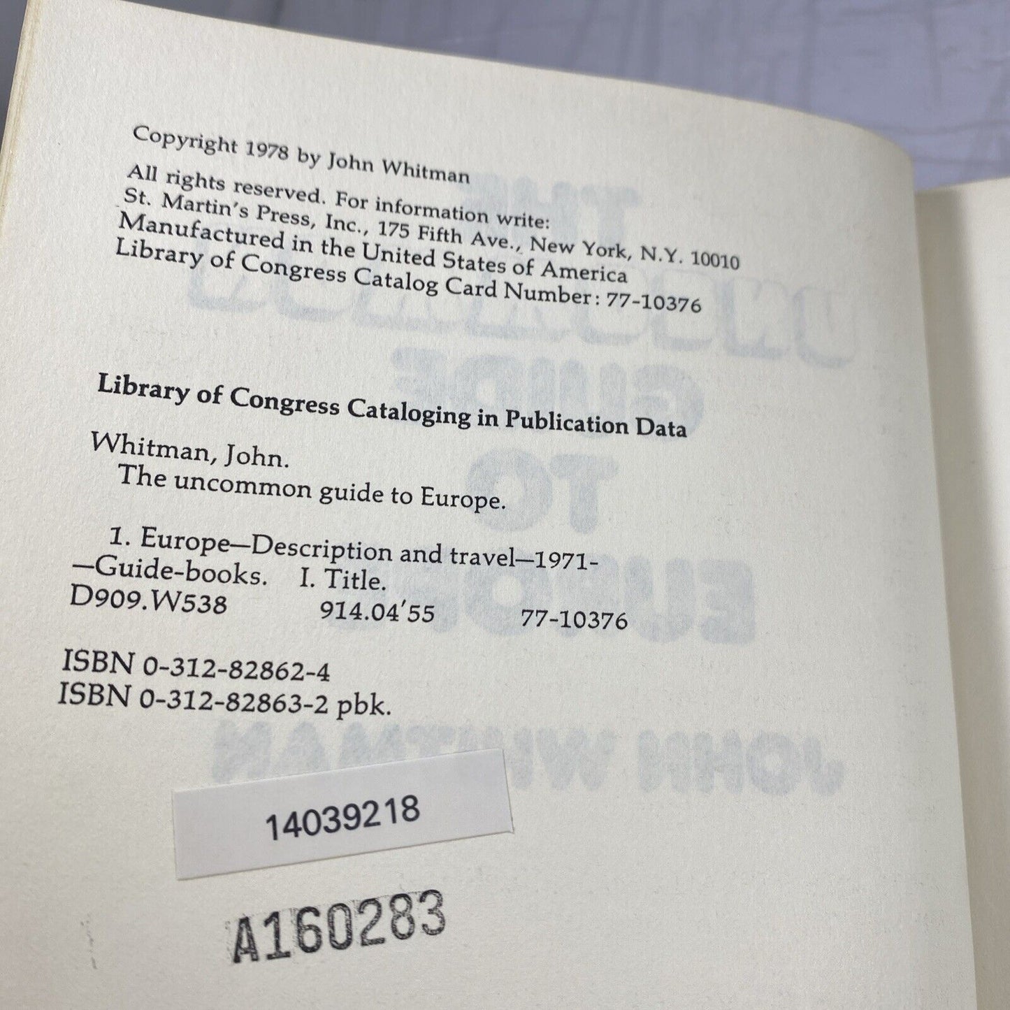 The uncommon guide to Europe John Whitman Rare Travel Guide Vintage Ex Library