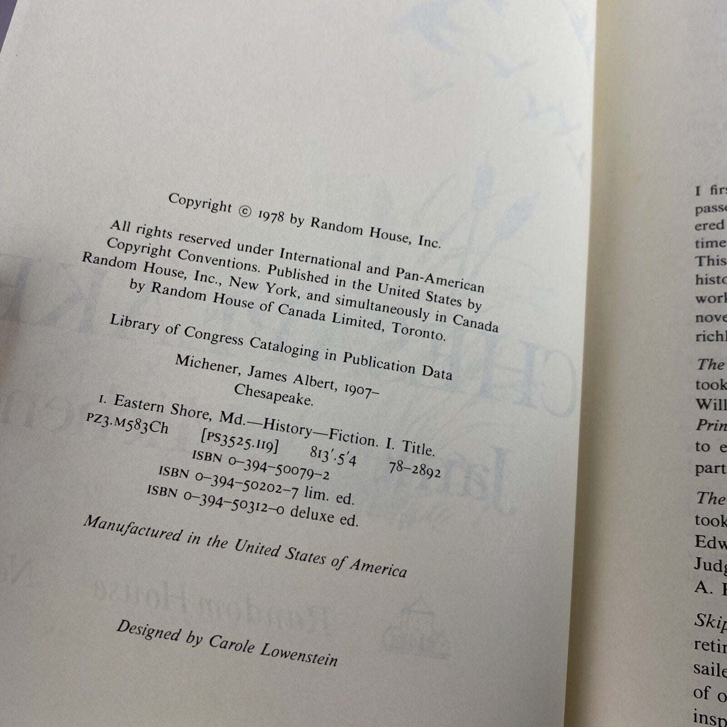Chesapeake Michener, James A. hardcover Acceptable Fiction Novel