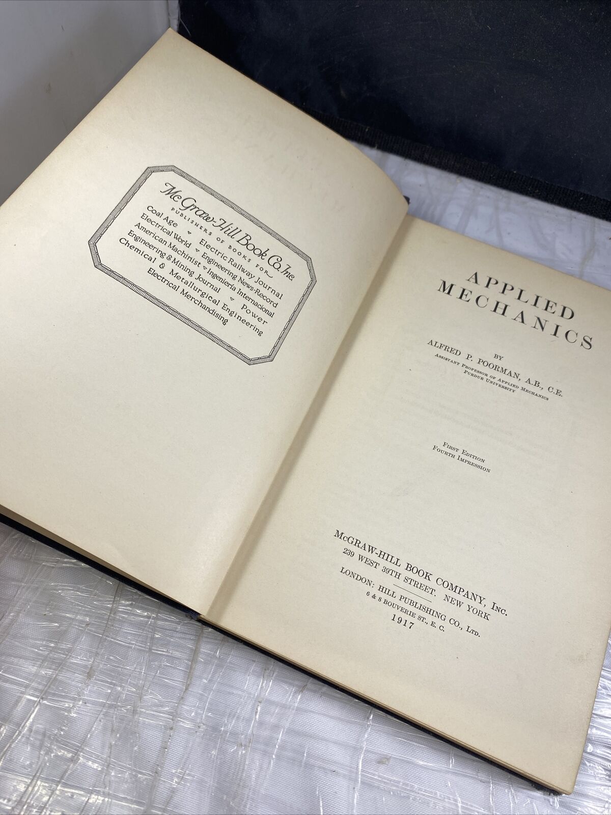 1917 APPLIED MECHANICS Alfred Poorman 1st Ed 4th Impression Vtg School Textbook