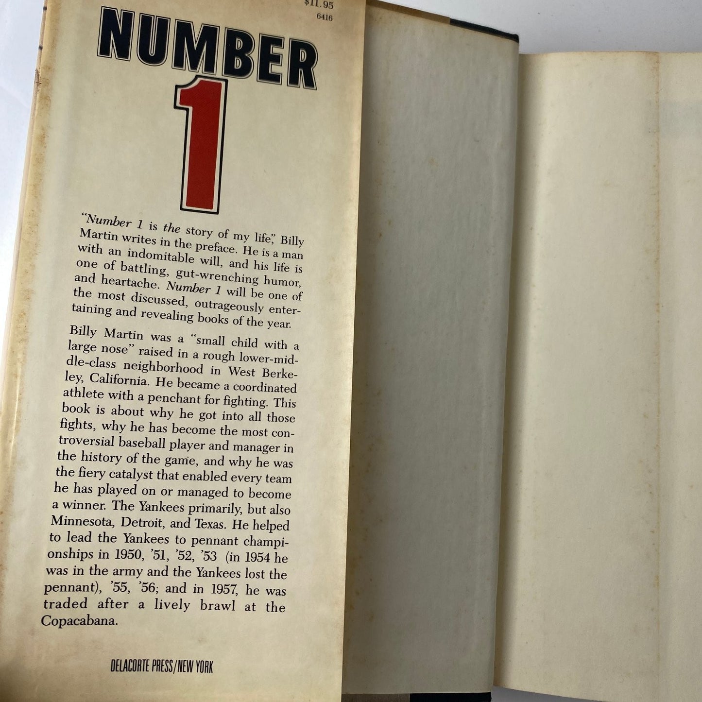 Number 1 Billy Martin Peter Golenbock 1980 2nd Printing Baseball Bio Delacorte