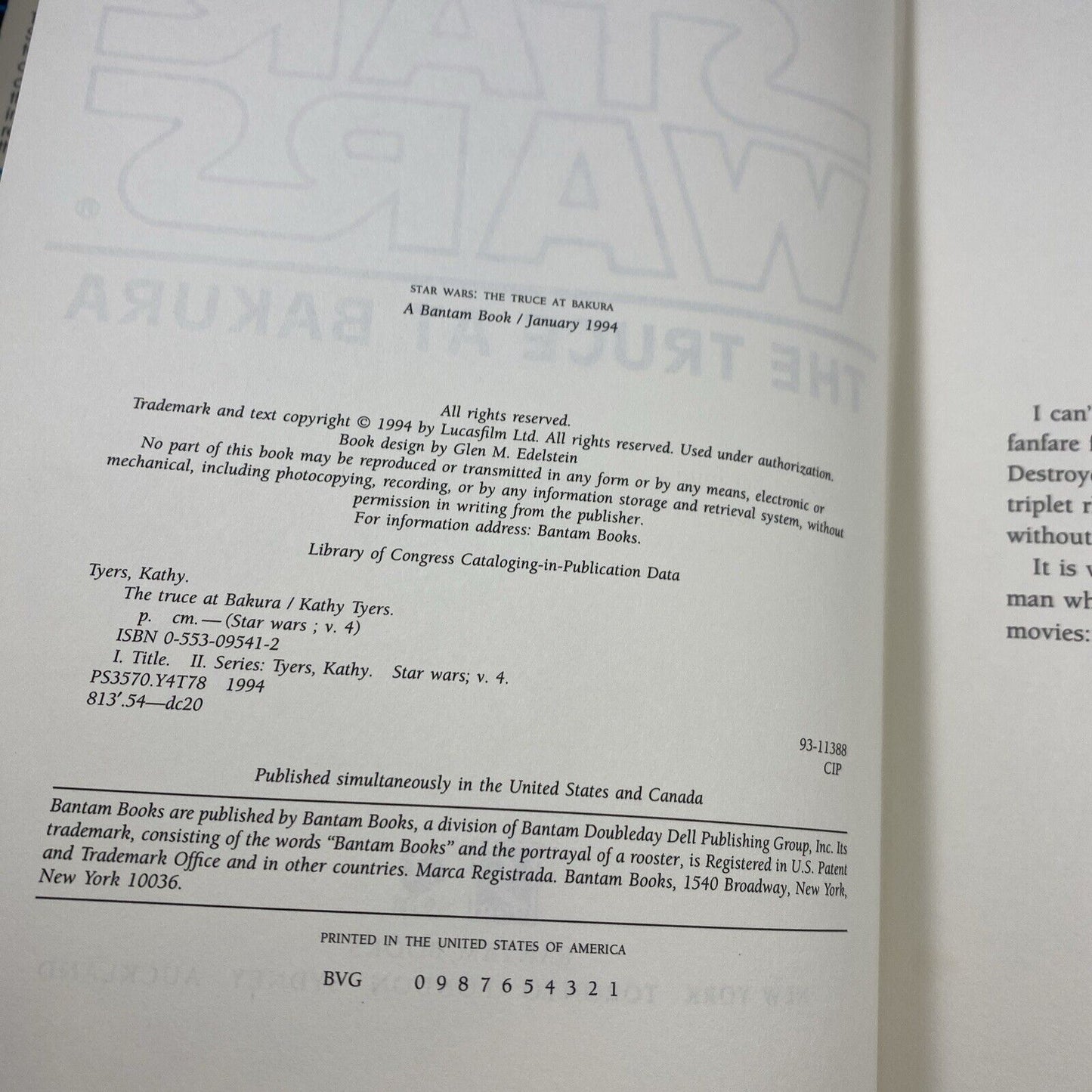 1994 Star Wars The Truce at Bakura Bantam Used Hardcover Kathy Tyers 1st Print