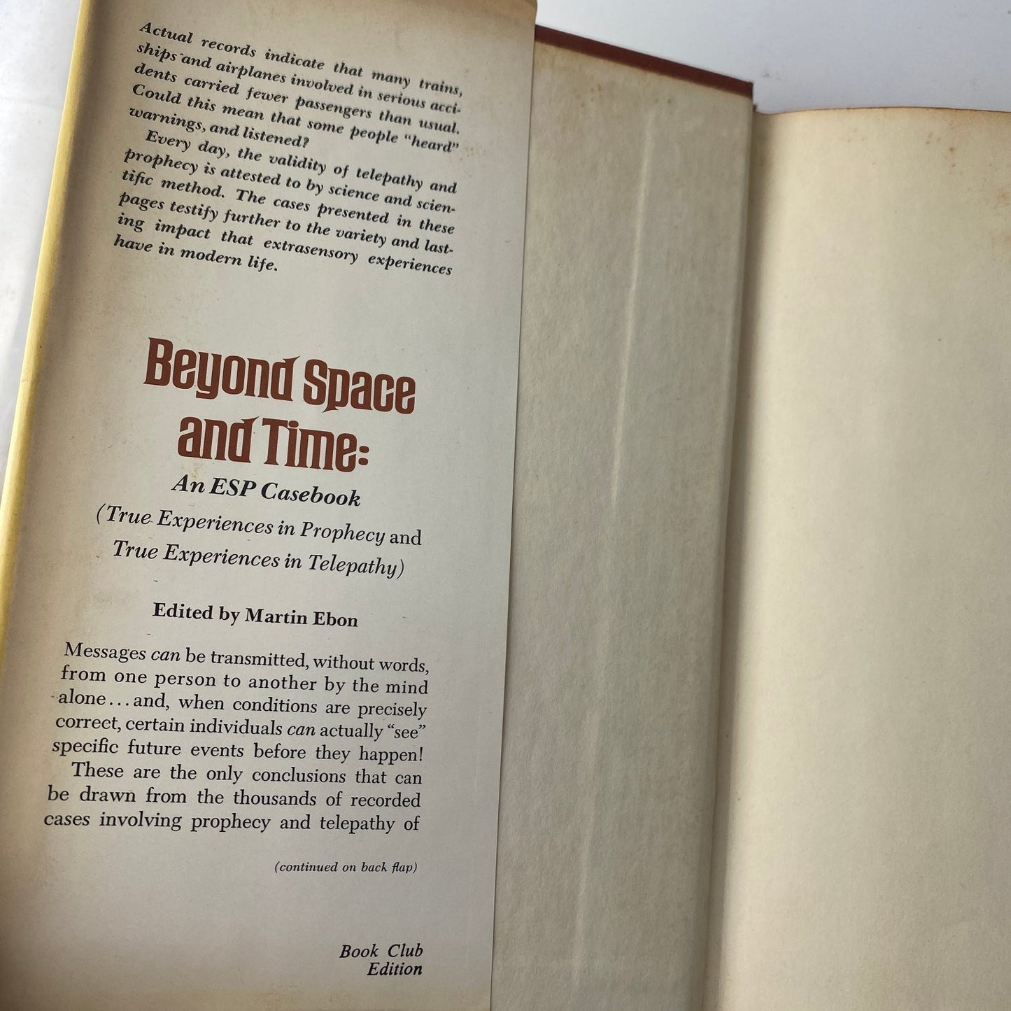 Beyond Space and Time Martin Ebon 1967 Book Club Edition ESP Casebook