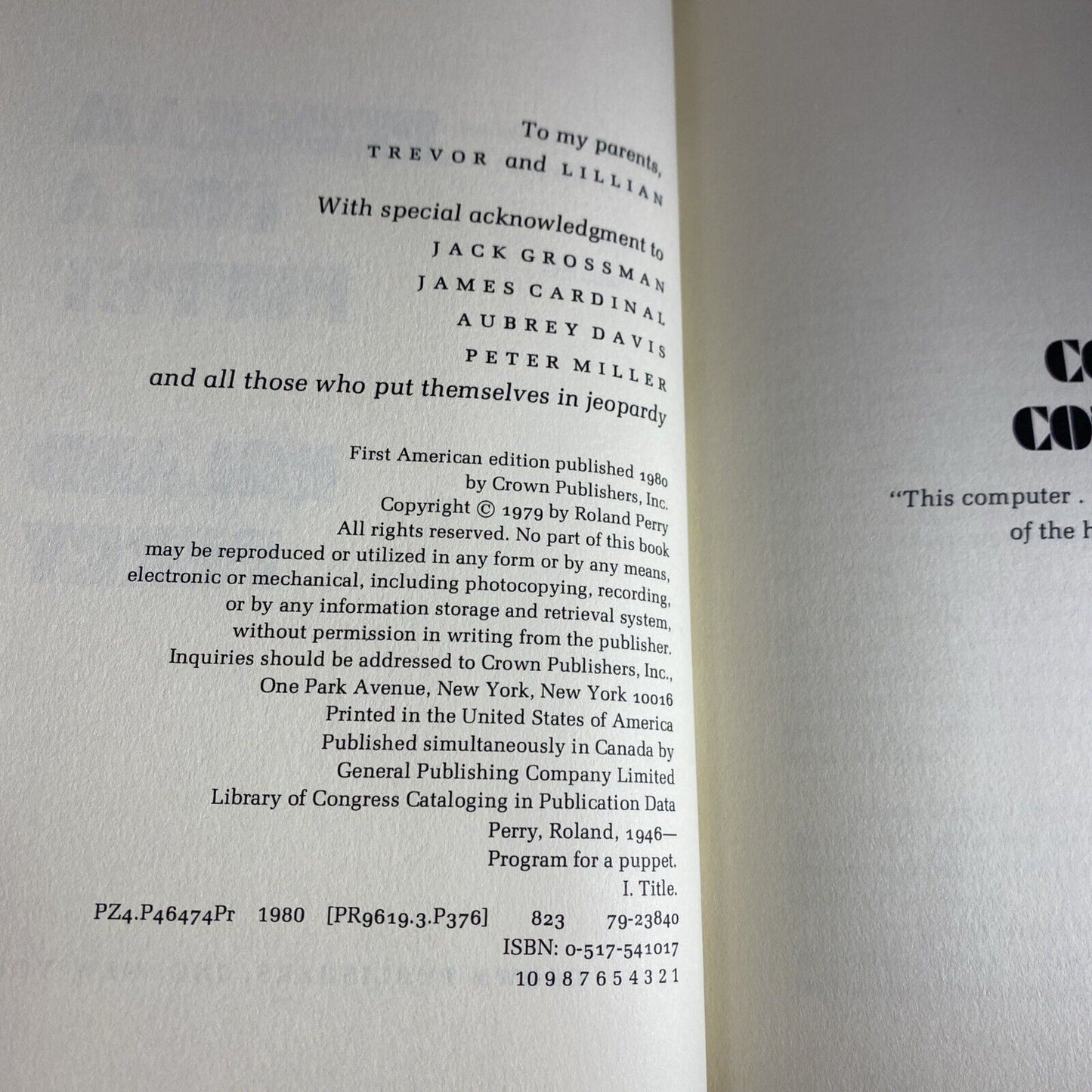 Program for a Puppet by Roland Perry 1st edition 1980 (HC/DJ) 1st Print