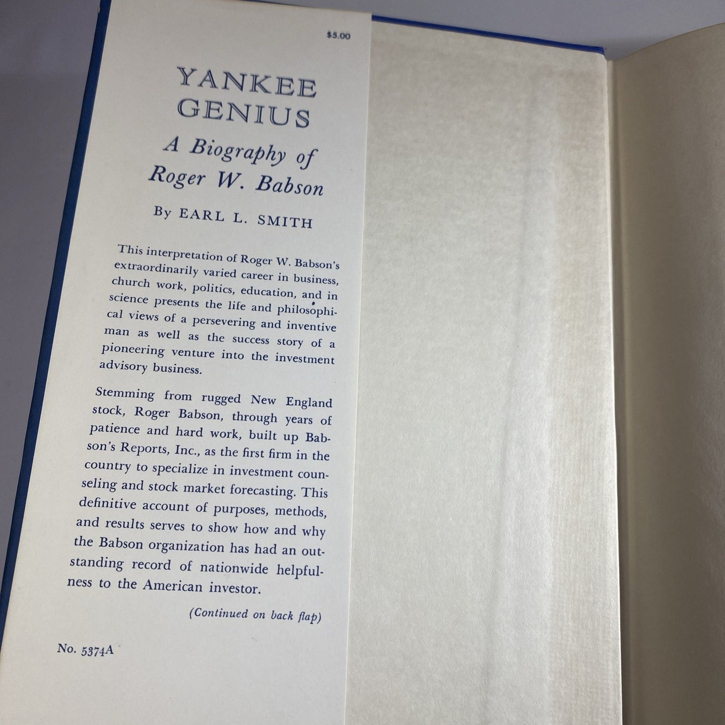 Yankee Genius Roger Babson Earl Smith HC DJ 1st Ed 1954 Investment Forecasting