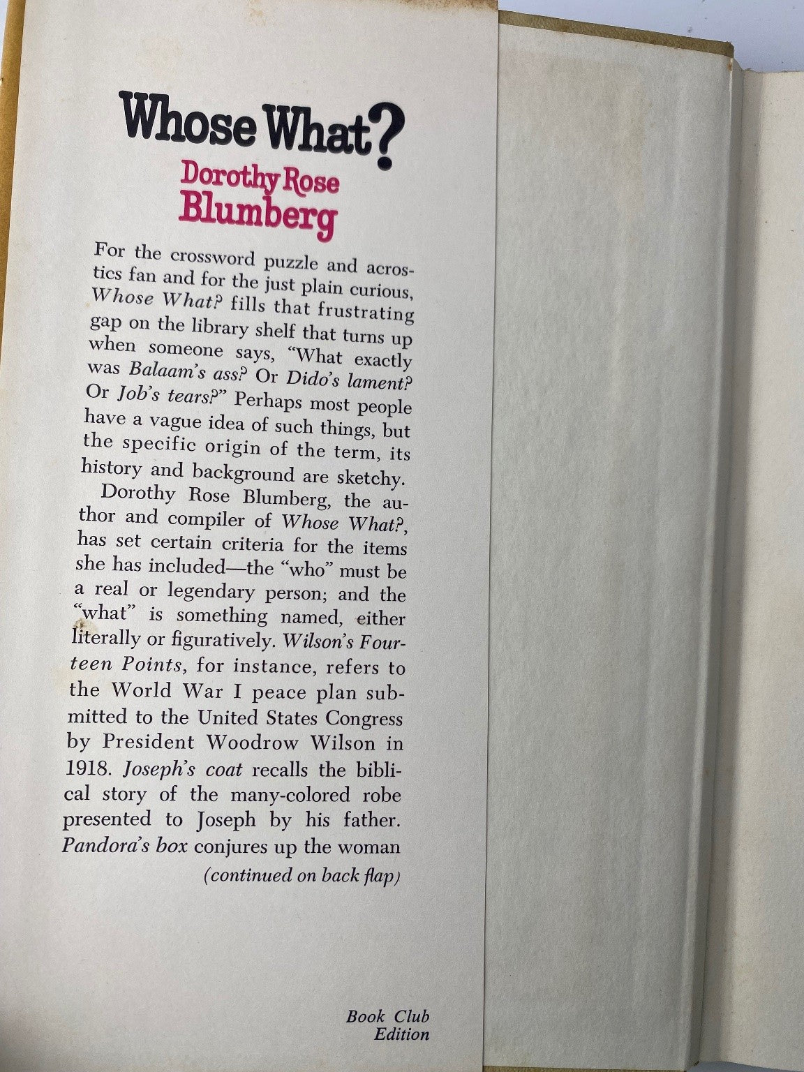 Whose What? Dorothy Rose Blumberg 1969 Book Club Edition Reference