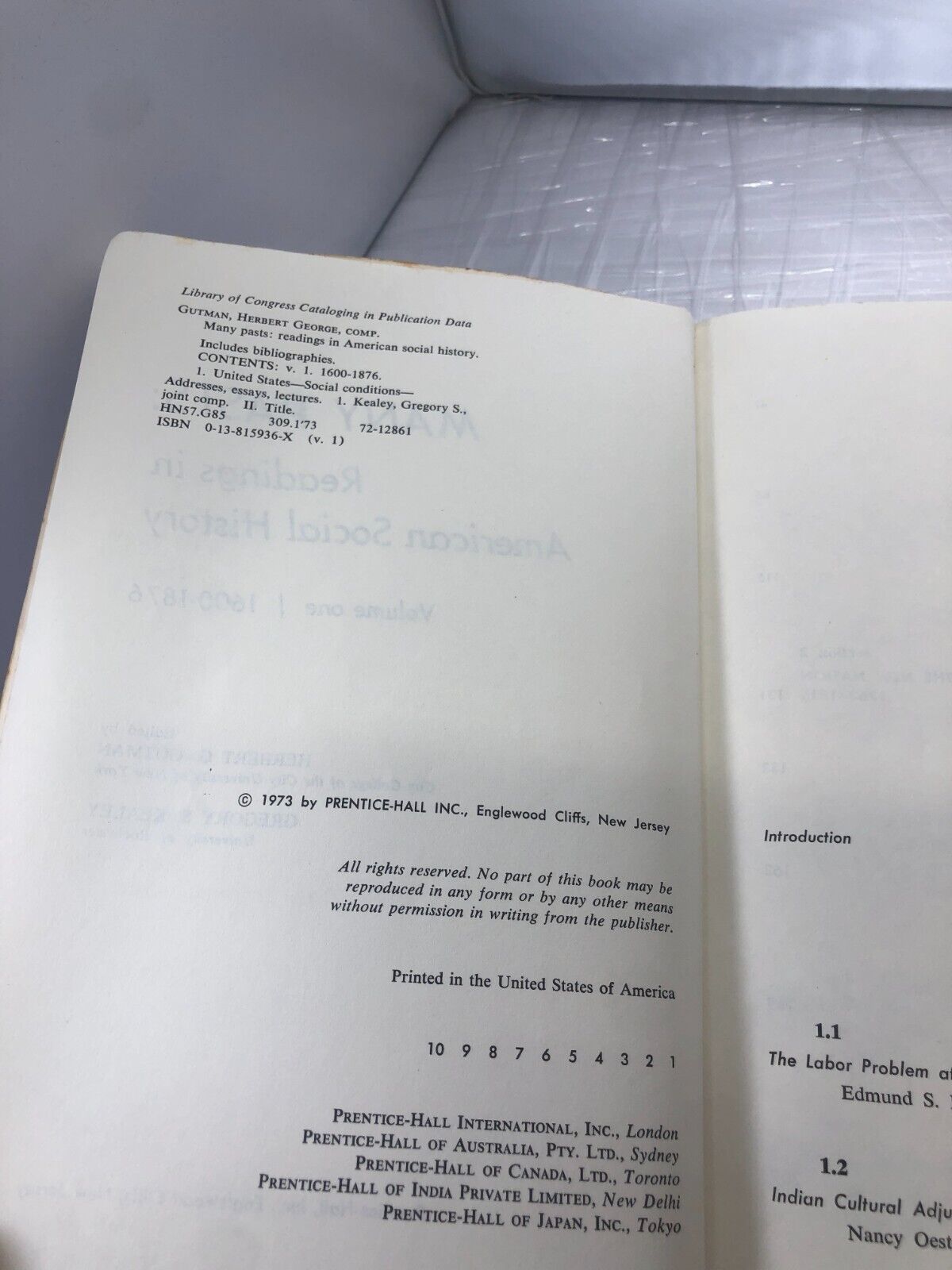 MANY PASTS: READINGS IN AMERICAN SOCIAL HISTORY, By Herbert G. Gutman & Gregory
