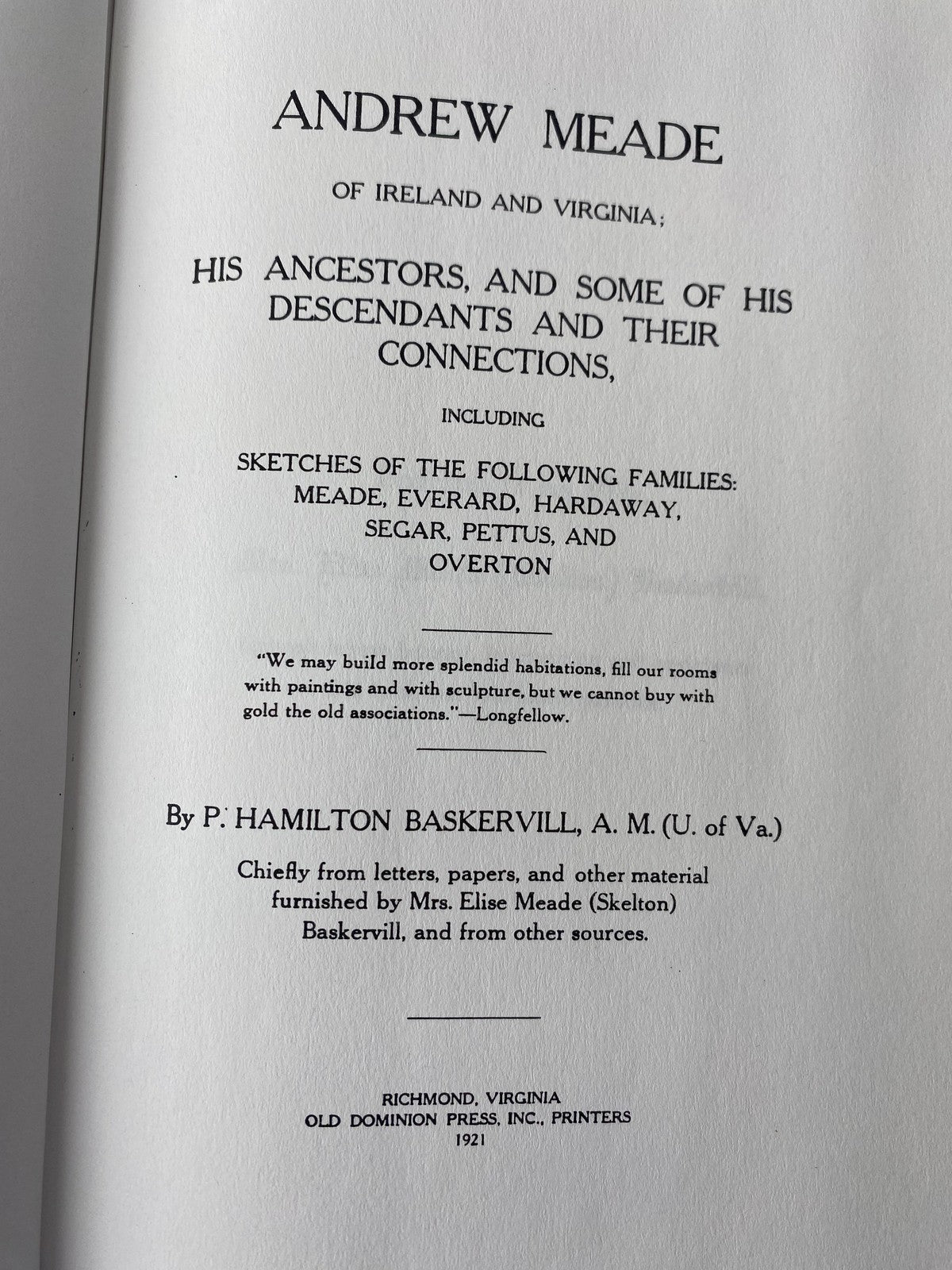 Vintage Andrew Meade of Ireland Virginia Ancestors Descendants Baskervill Book H
