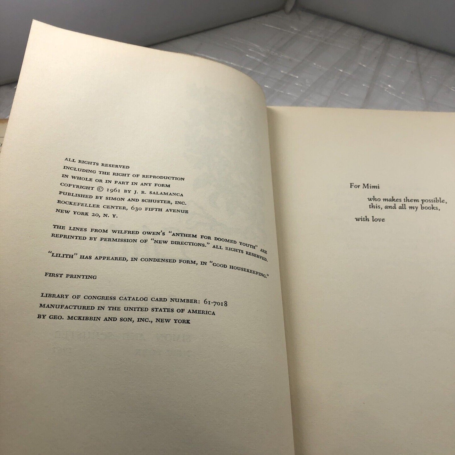 Lilith (1st Ed, 1st Print, 1961) by J.R Salamanca Vintage Hardcover Dust Jacket
