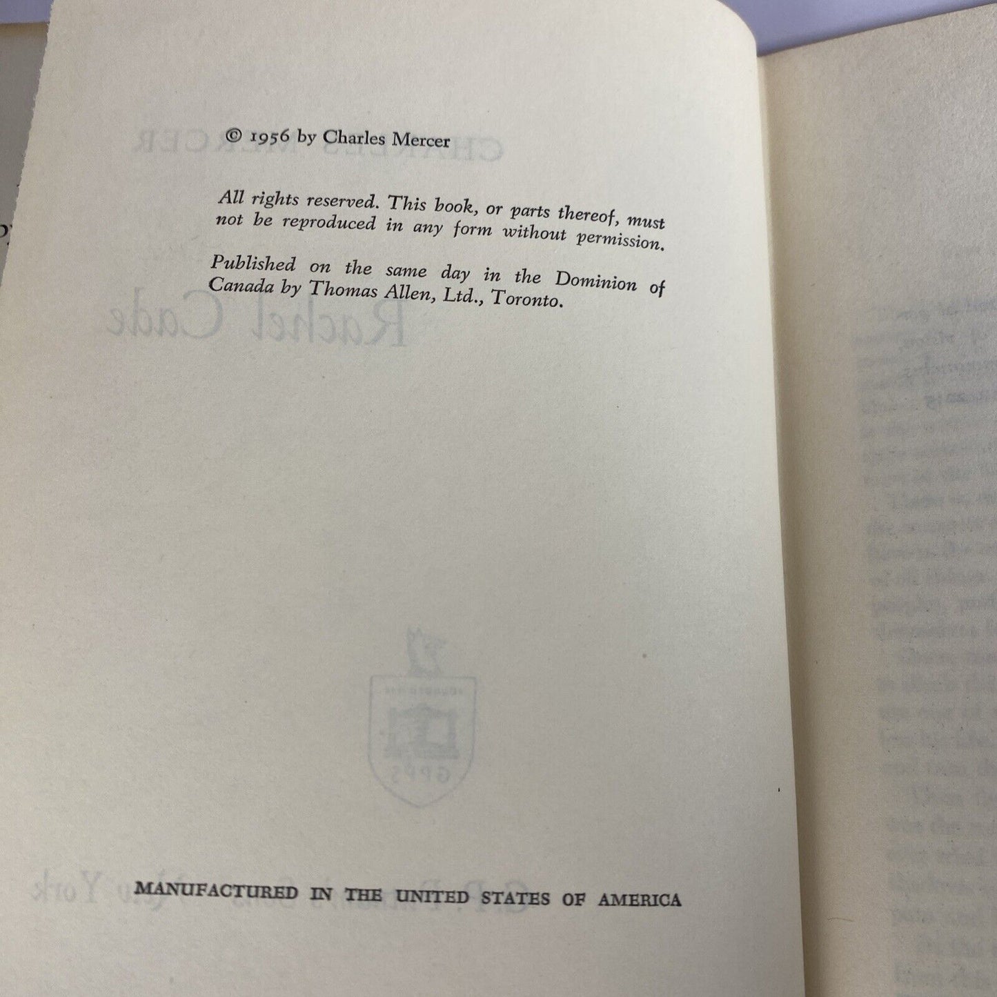 Rachel Cade a Novel by Charles Mercer Vintage Book Club Edition, 1956 Hardcover