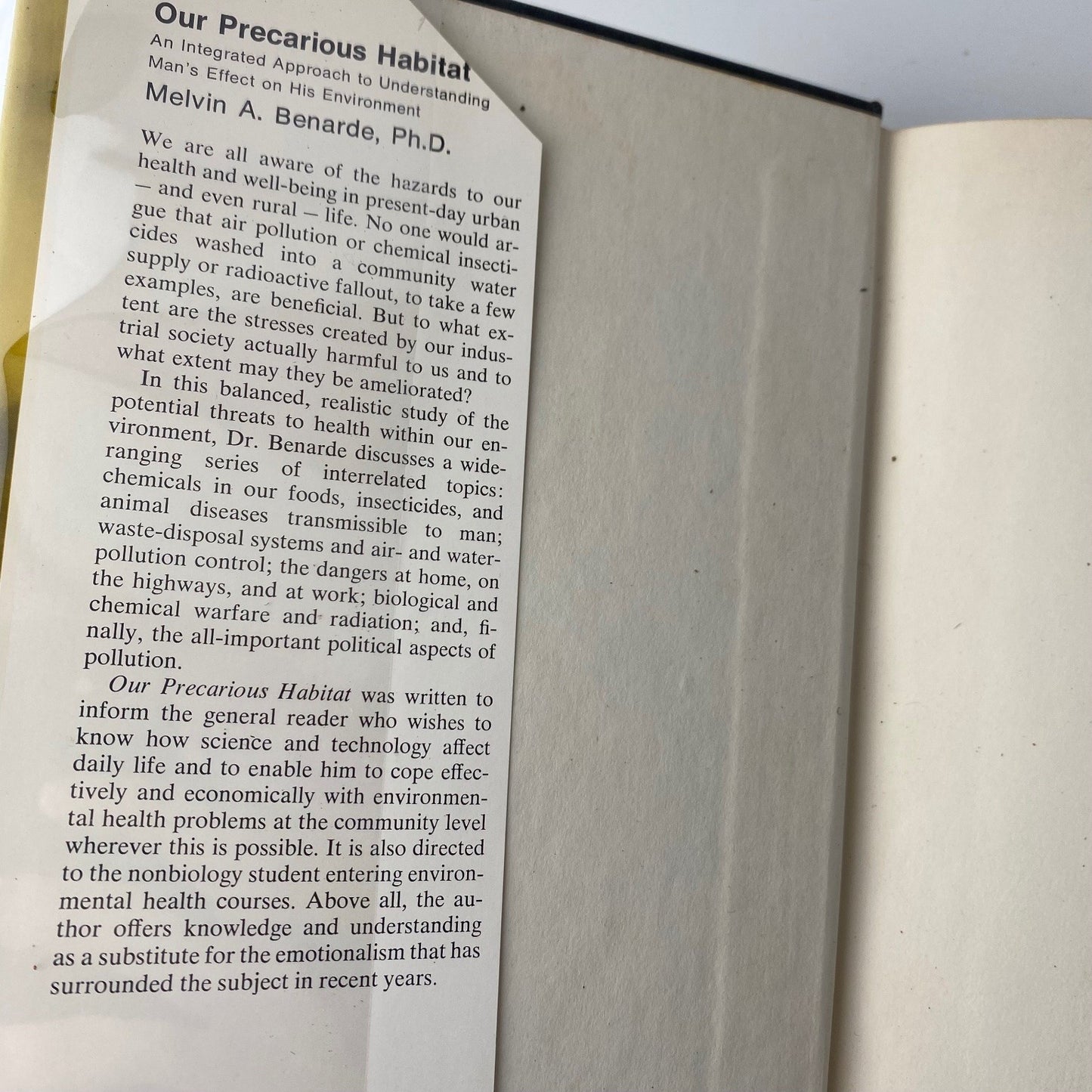 Our Precarious Habitat Melvin A. Benarde 1970 First Ed Environmental movement
