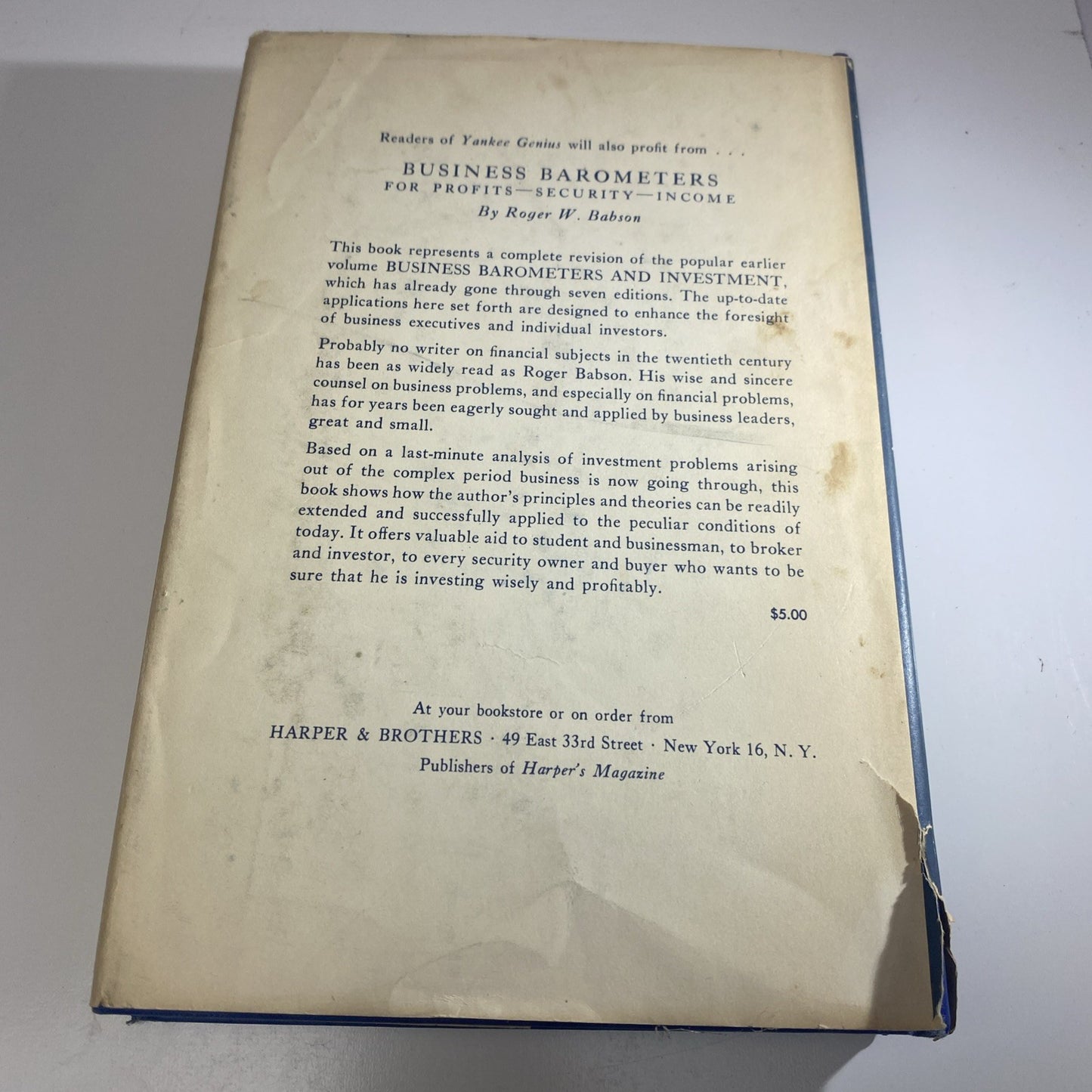 Yankee Genius Roger Babson Earl Smith HC DJ 1st Ed 1954 Investment Forecasting