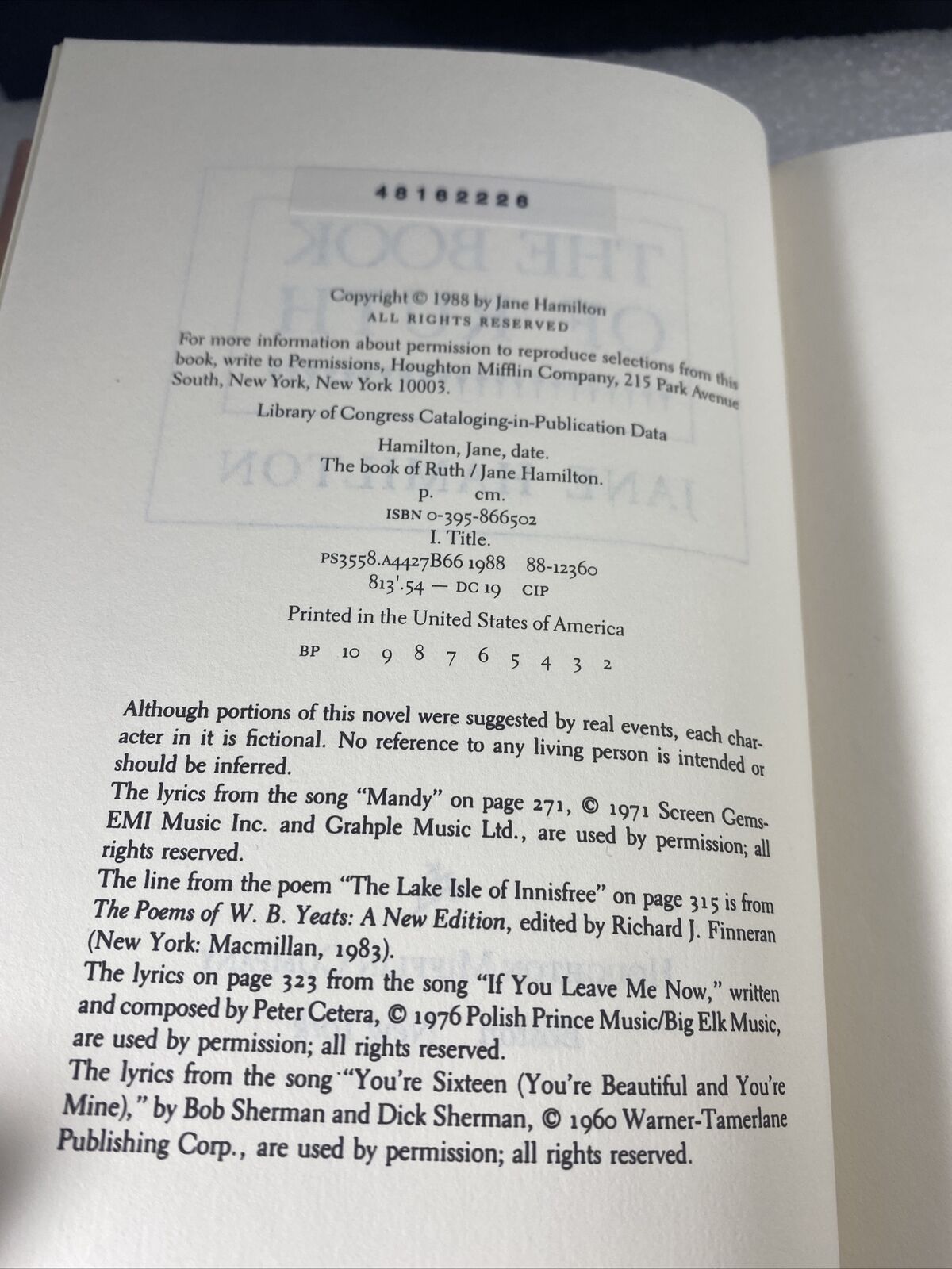 The Book of Ruth by Hamilton, Jane , hardcover Ex Libris 2nd Print Good Cond