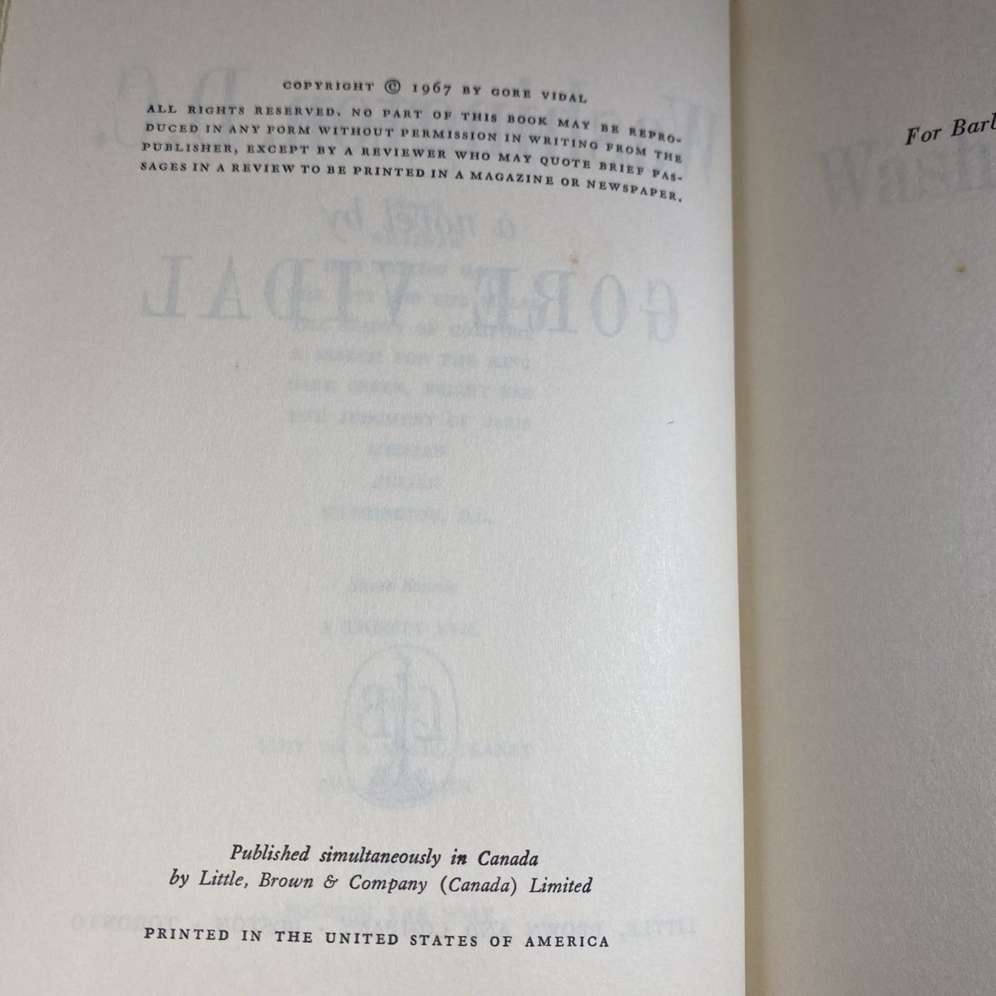 Washington, DC: A Novel by Gore Vidal Hardcover ~ Book Club Edition, 1967
