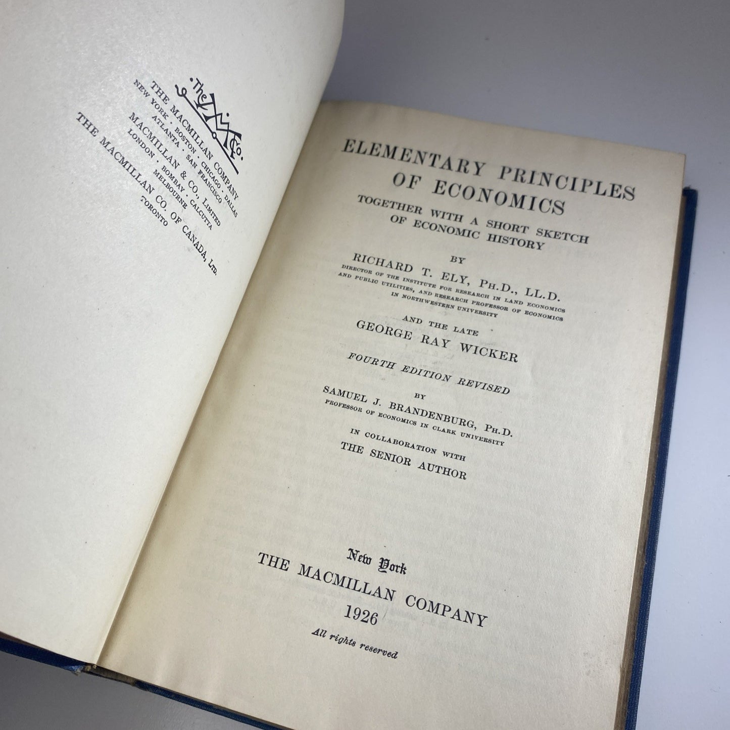 Antique Elementary Principles of Economics by Ely & Wicker 1926 New Edition