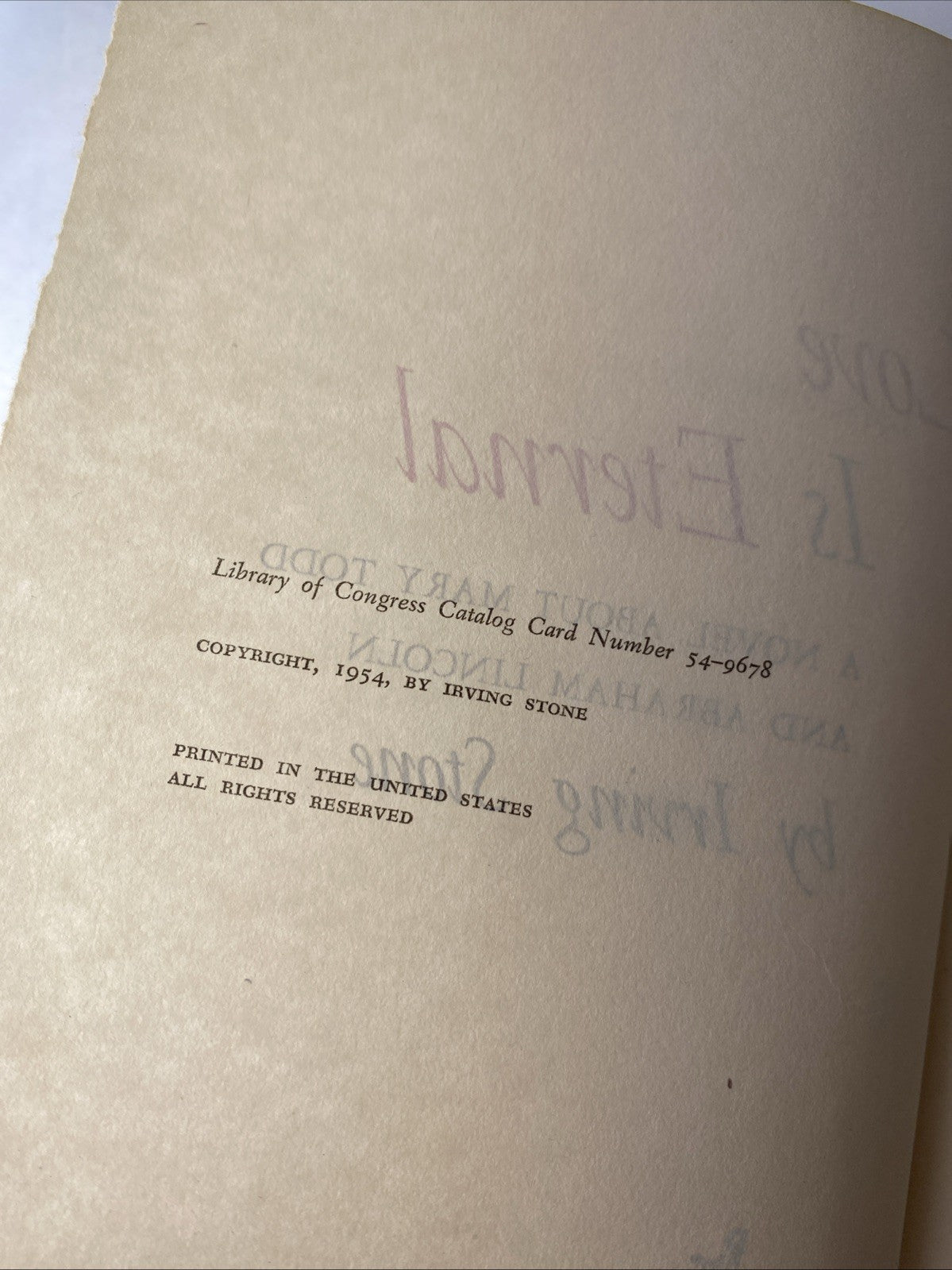 LOVE IS ETERNAL VINTAGE 1954 BOOK BY IRVING STONE
