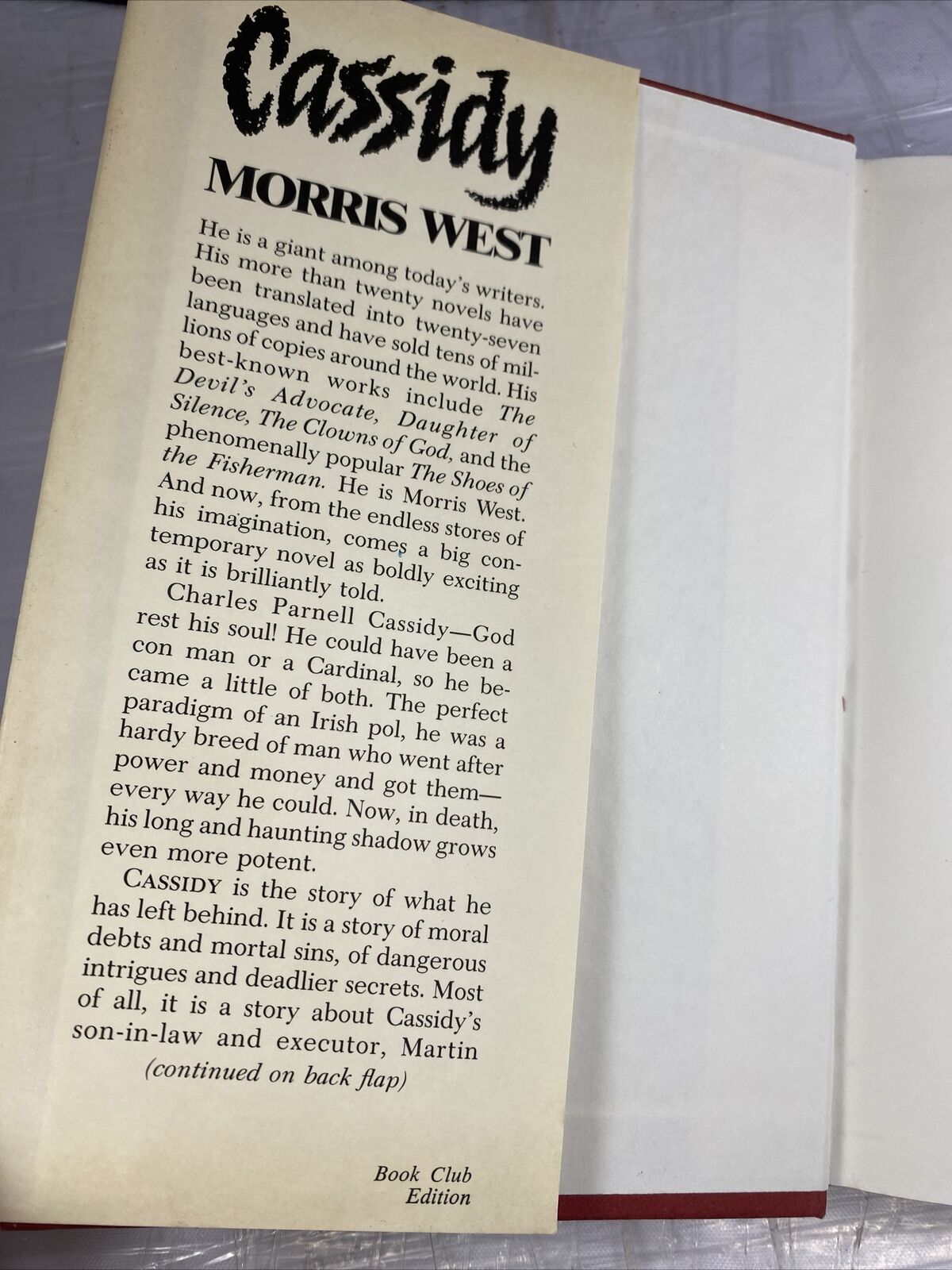 Cassidy by West, Morris Hardcover Book Club Edition Vintage 80s Mystery Clean