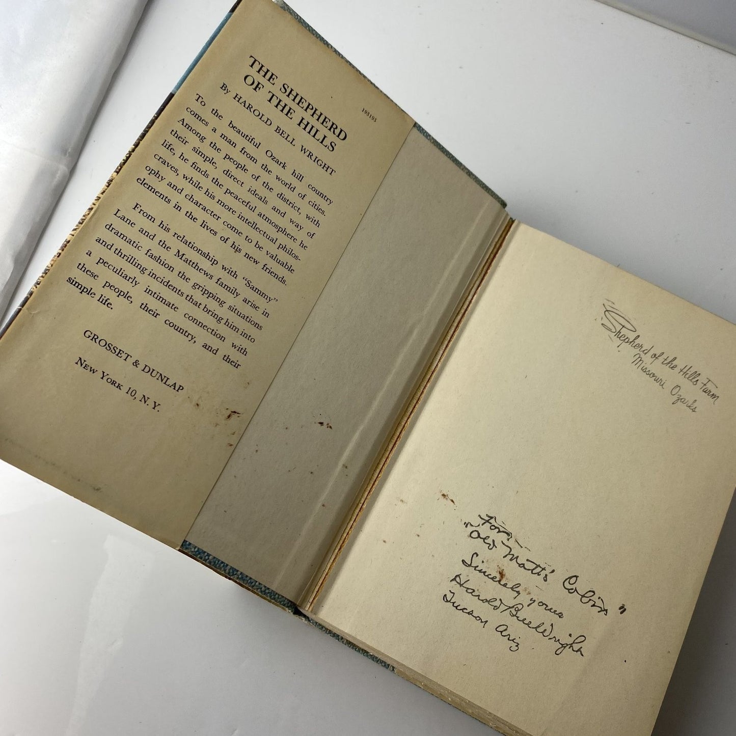 SIGNED The Shepherd of the Hills Harold Bell Wright 1907 Grosset & Dunlap