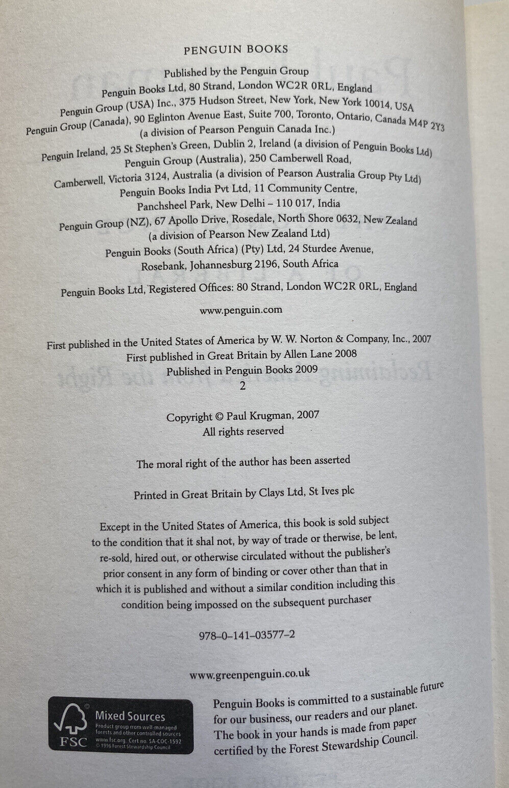 Conscience of a Liberal : Reclaiming America from the Right Paul Krugman Paperbk
