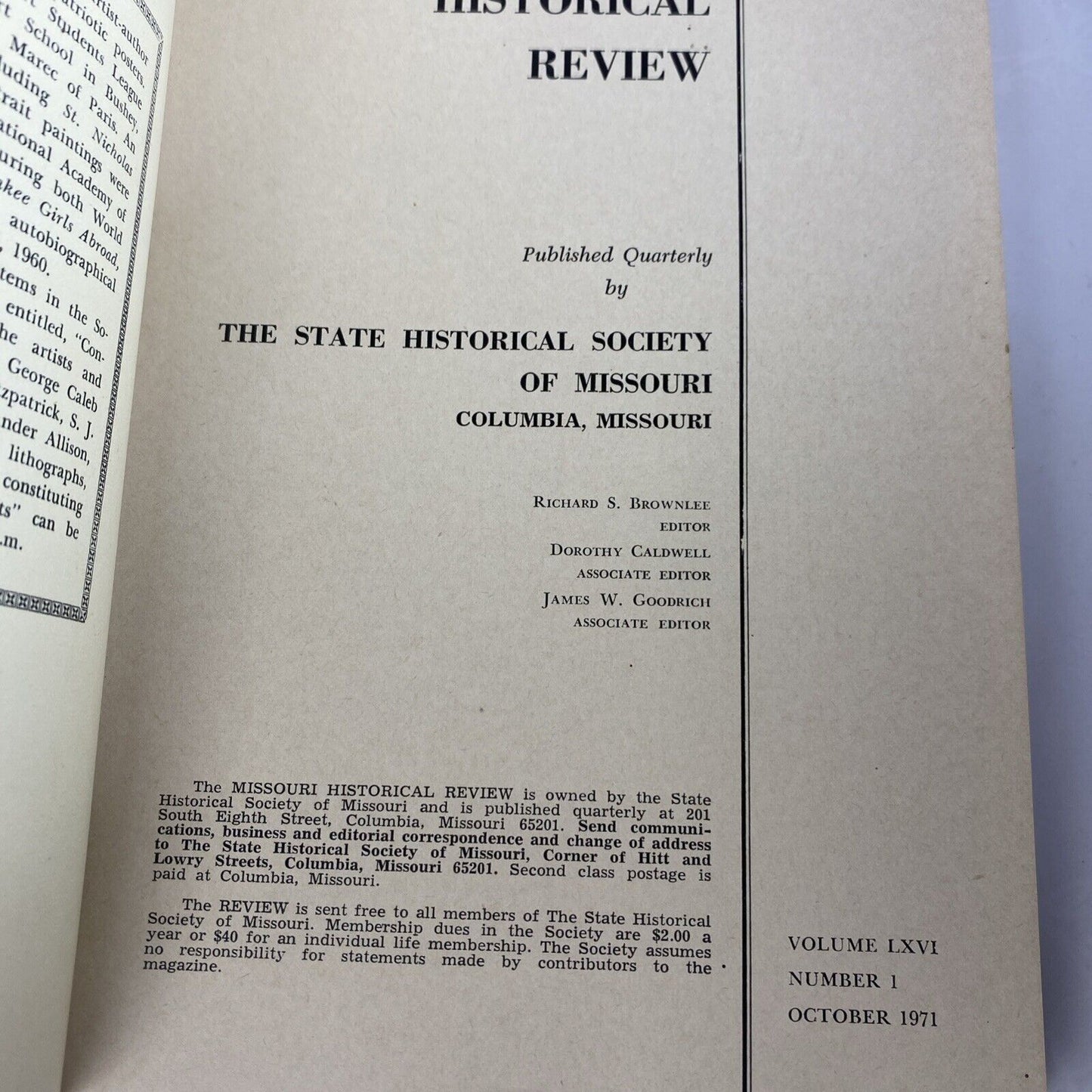 Missouri Historical Review Magazine October 1971 Vintage MO Magazine patriotic