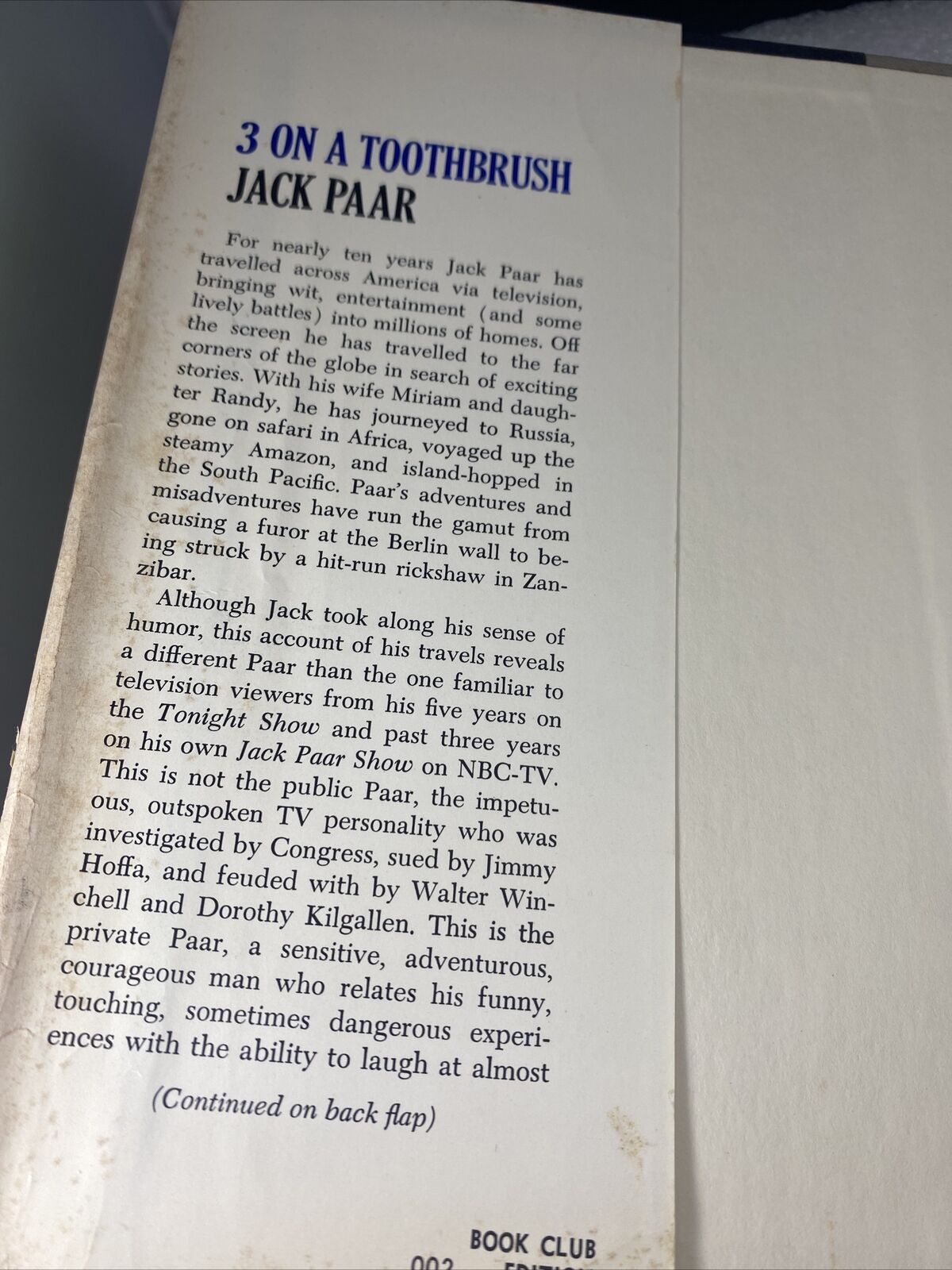 Vintage 3 On a Toothbrush 1965 Jack Paar Hardcover Vintage 60s Travel Stories
