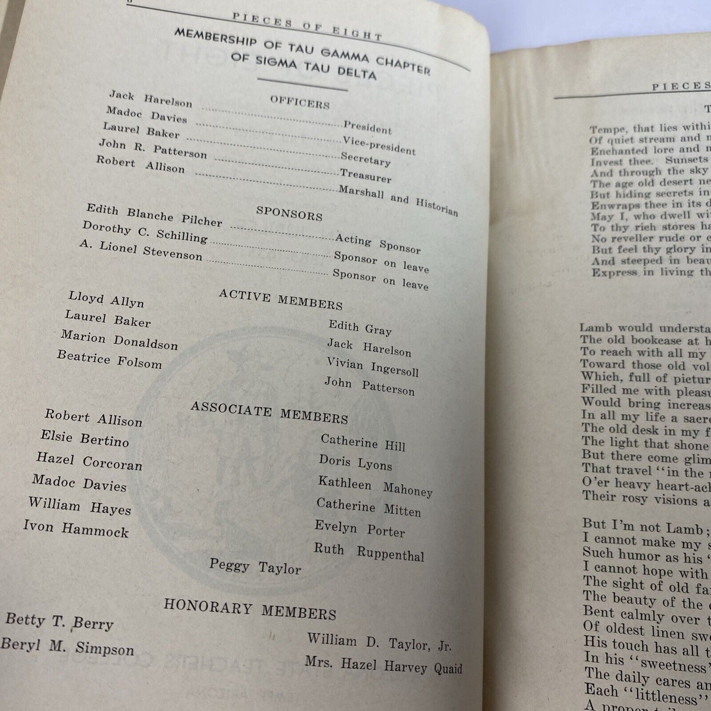 Pieces Of Eight Vintage Fraternity Arizona Teachers College Booklet Poetry