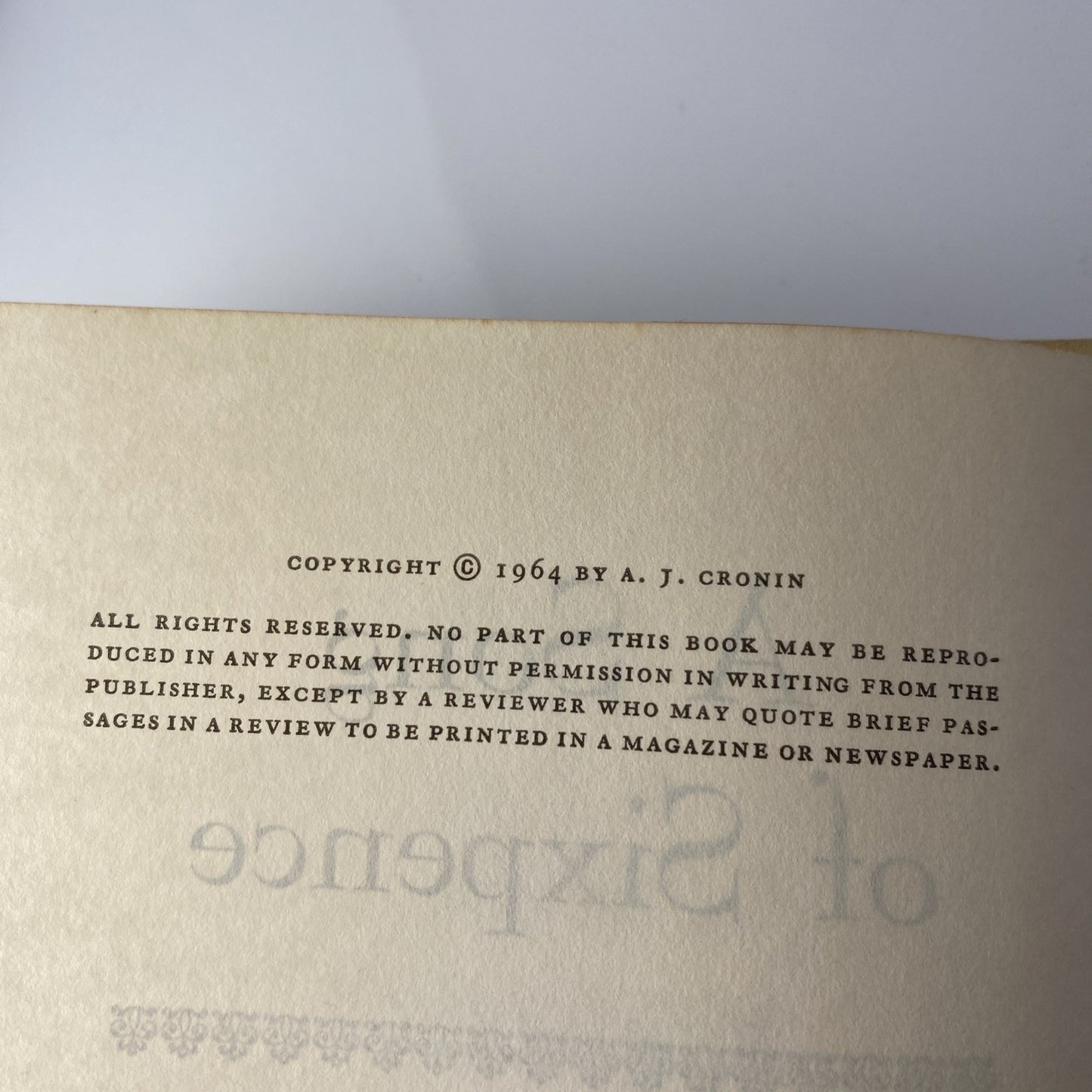 A Song Of Sixpence by A.J. Cronin 1964 Hardcover BCE First Edition Good Conditio