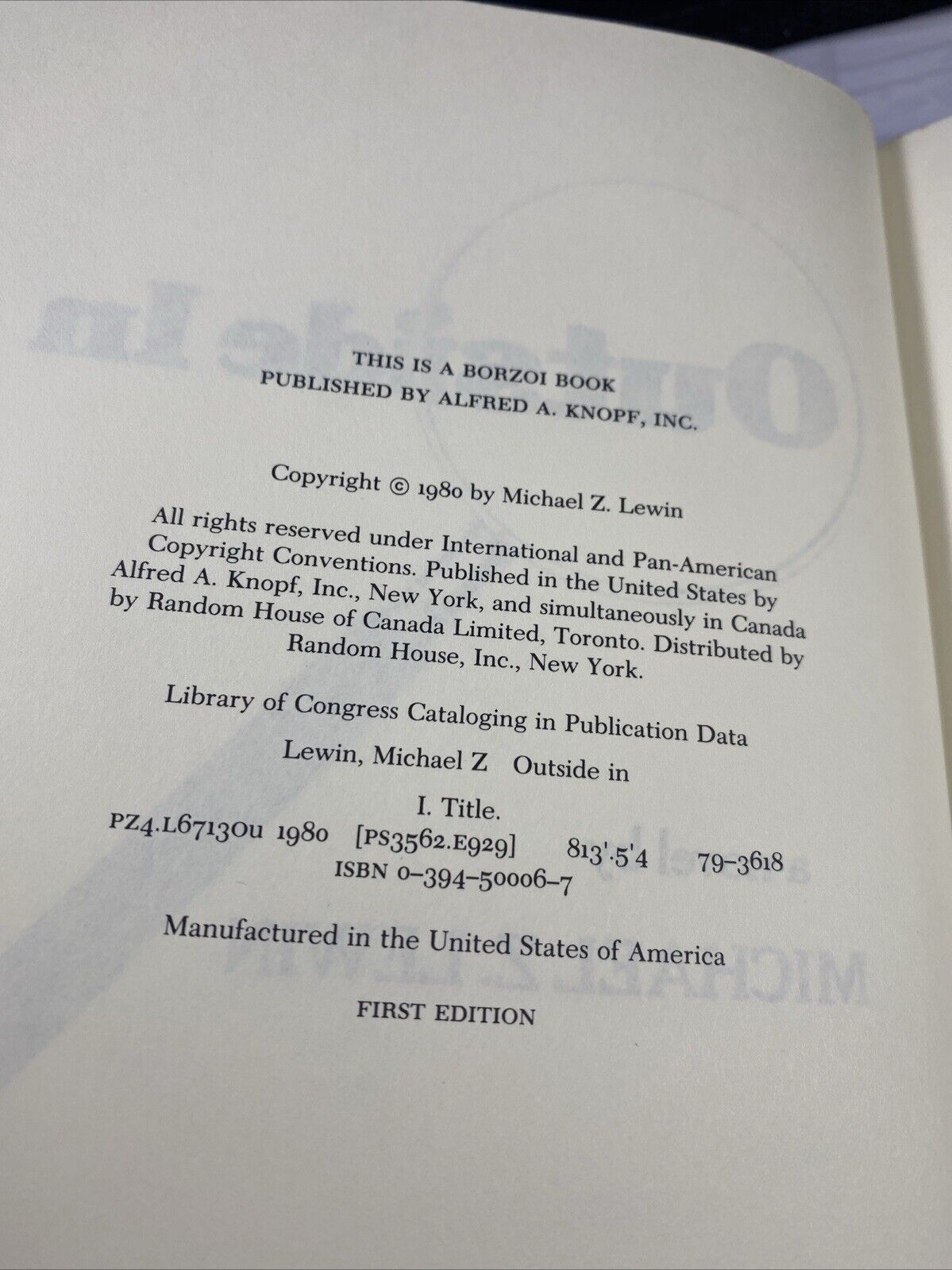 1980 First Ed. Hardcover, "Outside In," Mystery by Michael Lewin VERY GOOD
