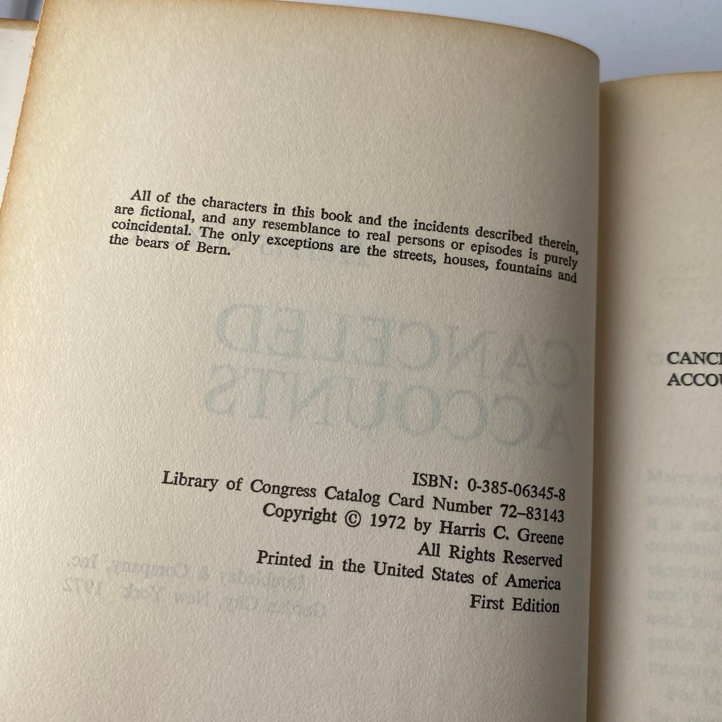 Canceled Accounts Harris Greene 1972 First Edition WWII Thriller Doubleday