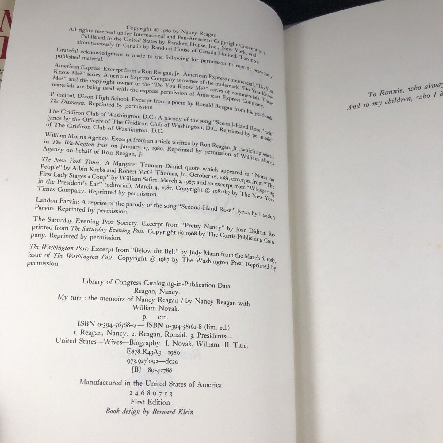 My Turn The Memoirs Of Nancy Reagan With William Novak '89 HC DJ 1st Ed LIKE NEW