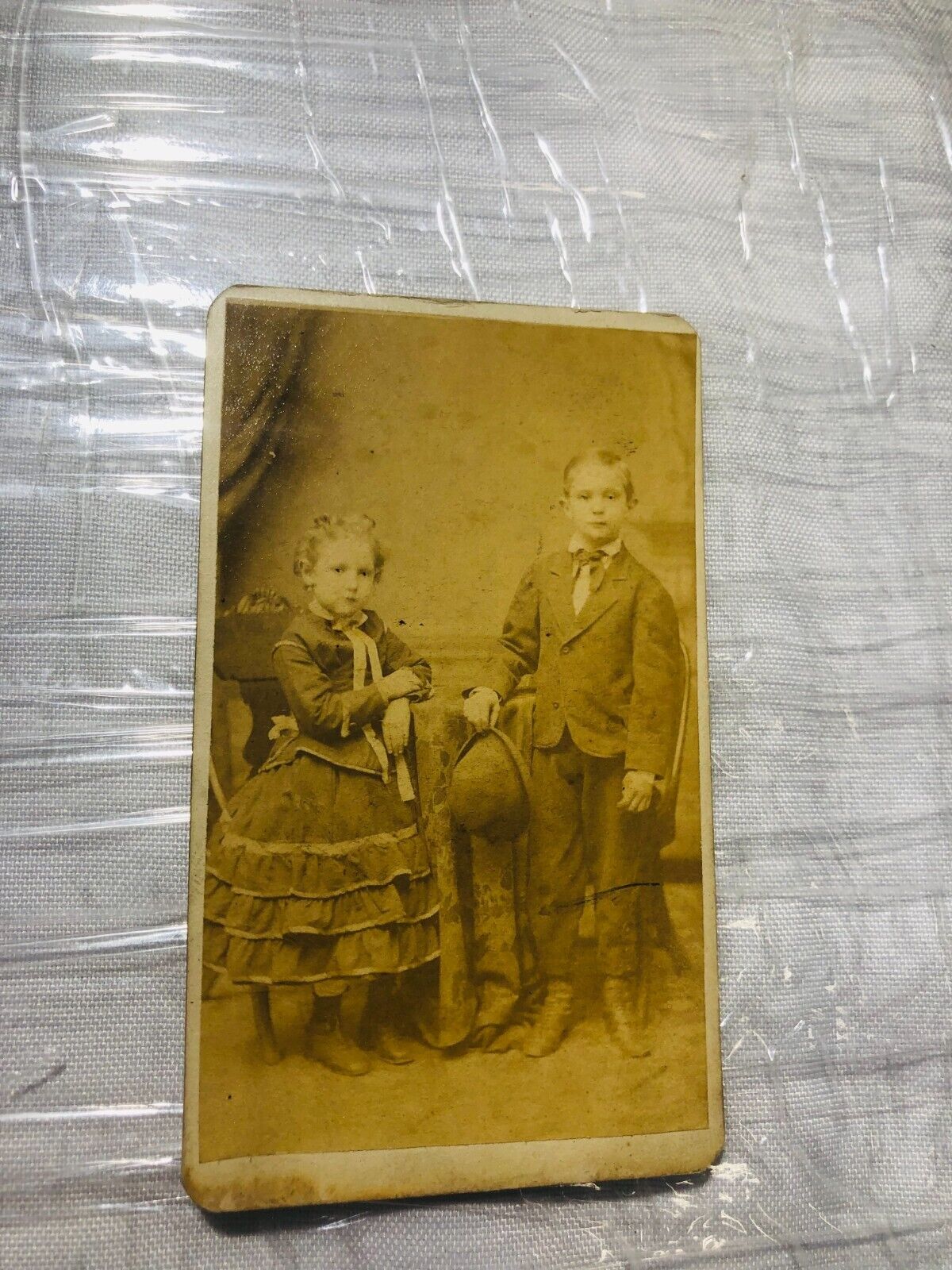 Novelty 1890 Cabinet Card Boy Girl Siblings in costume St. Louis MO Photobooth