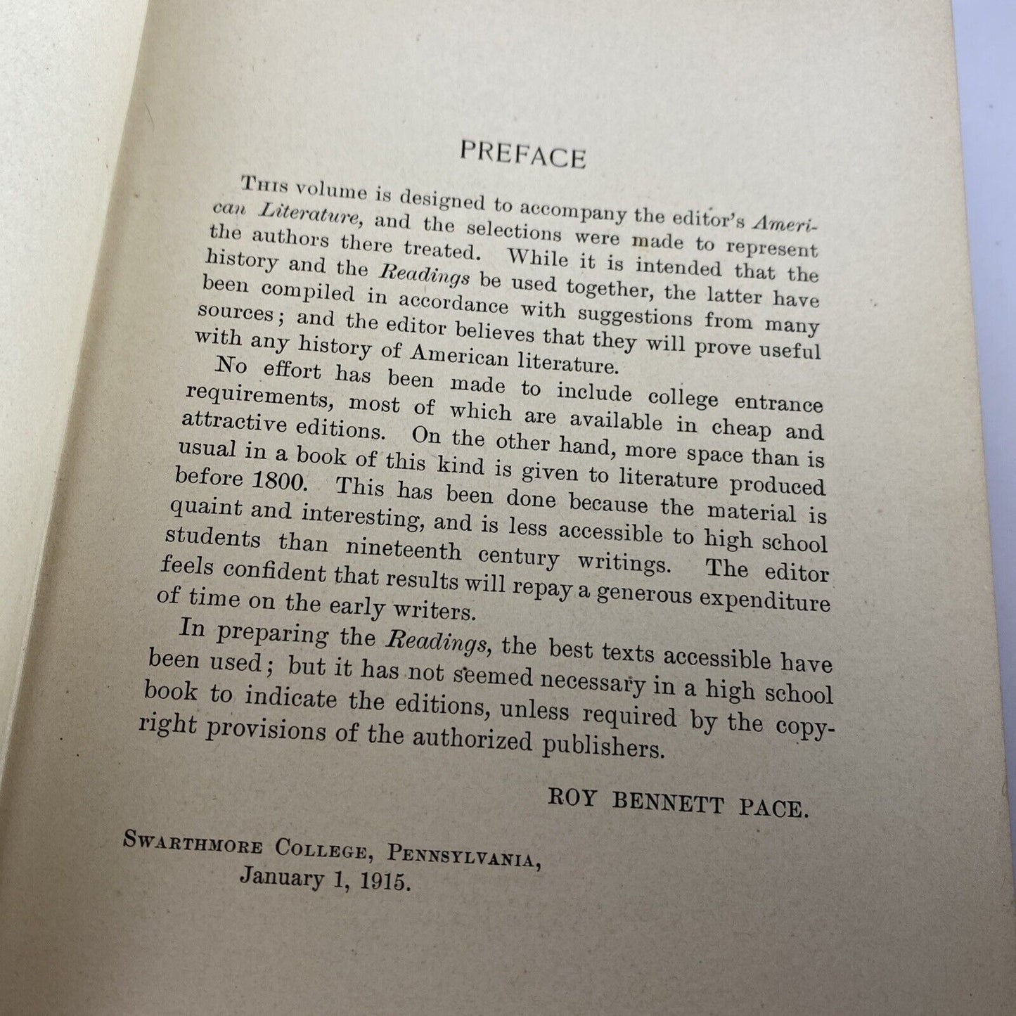 American Literature with Readings Roy Bennett Pace Antique Hardcover 1915 Vtg