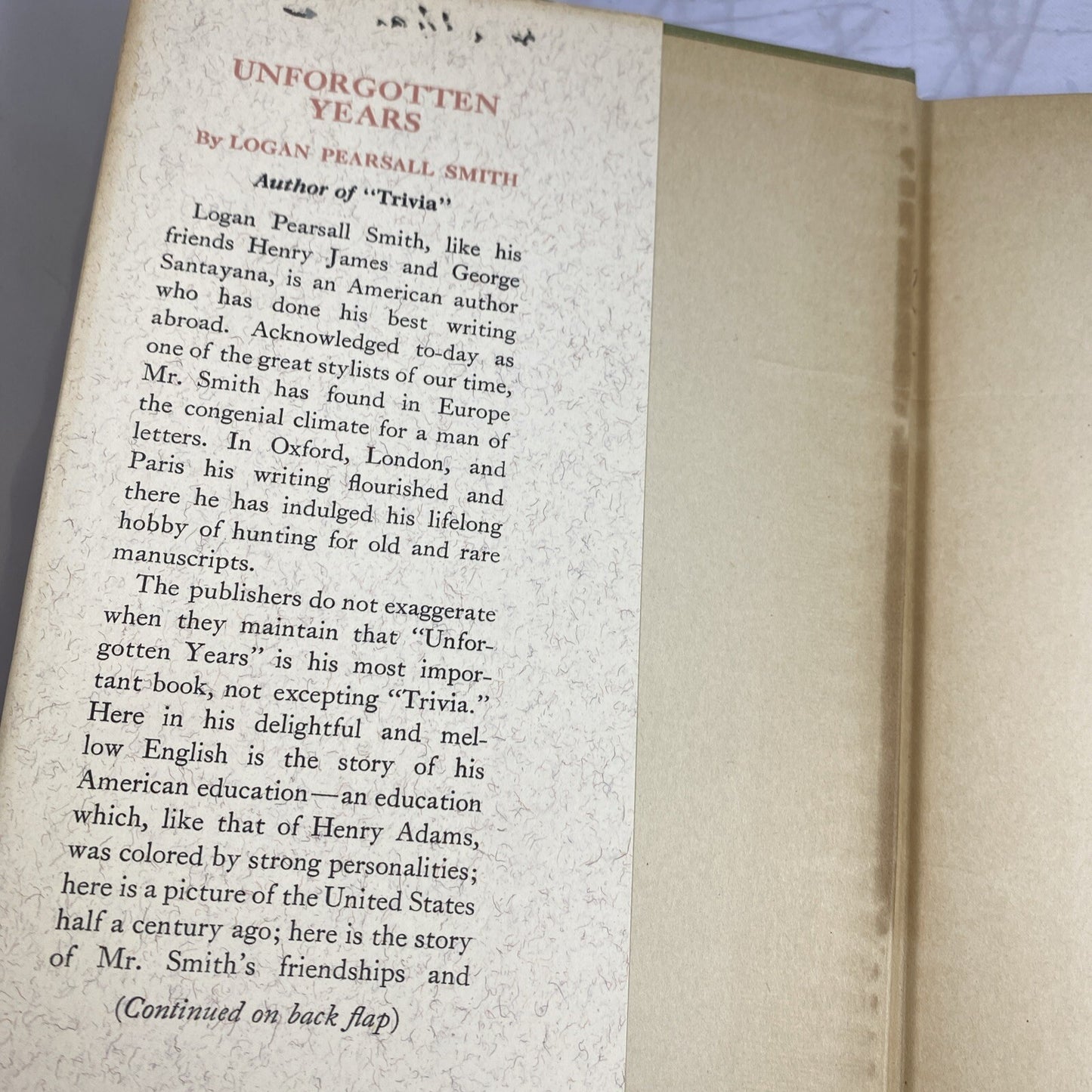 1939 Logan Pearsall Smith UNFORGOTTEN YEARS Memoir Walt Whitman W/ DJ Rare