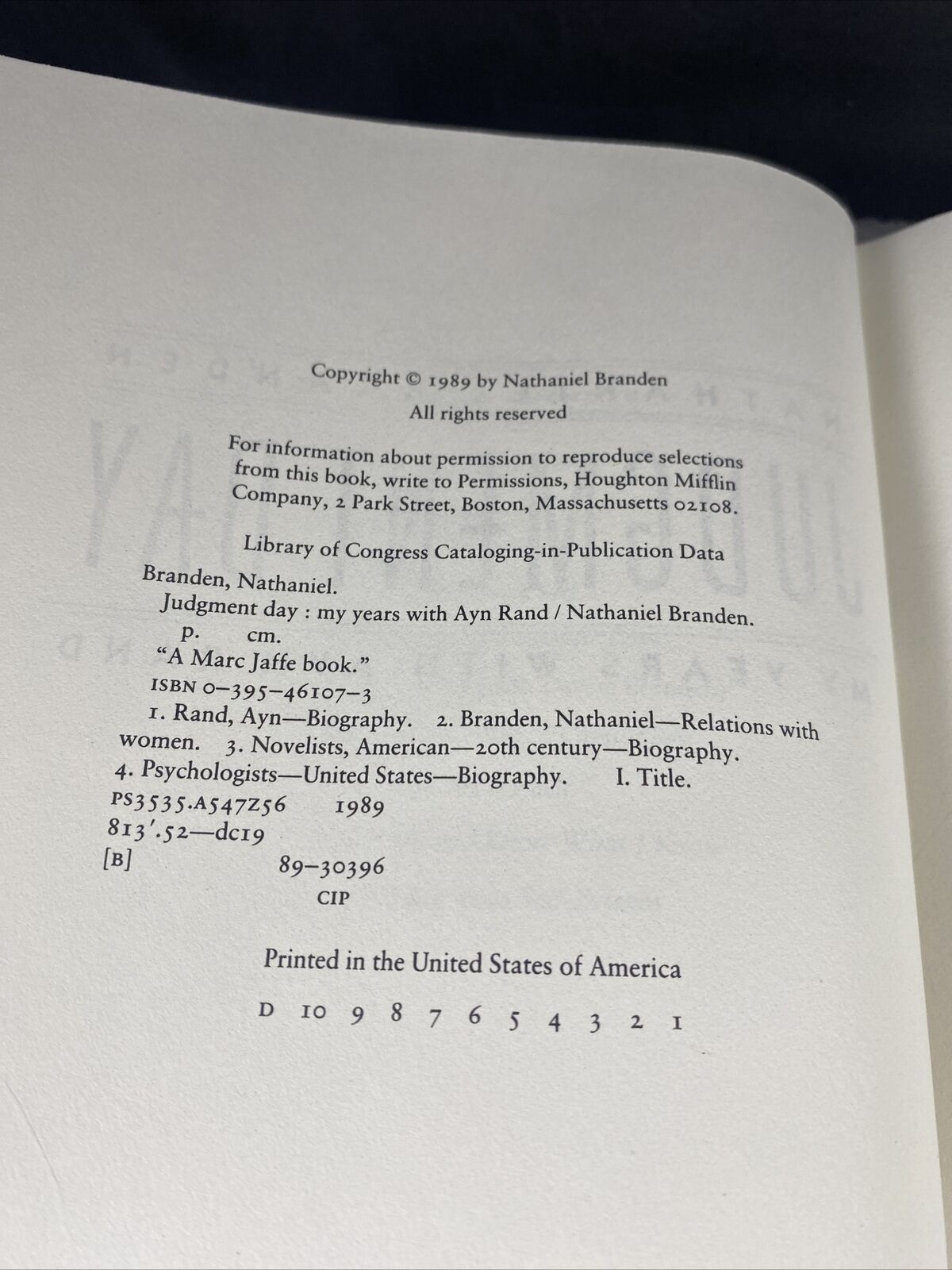 Nathaniel BRANDEN / Judgment Day My Years with Ayn Rand First Edition Print