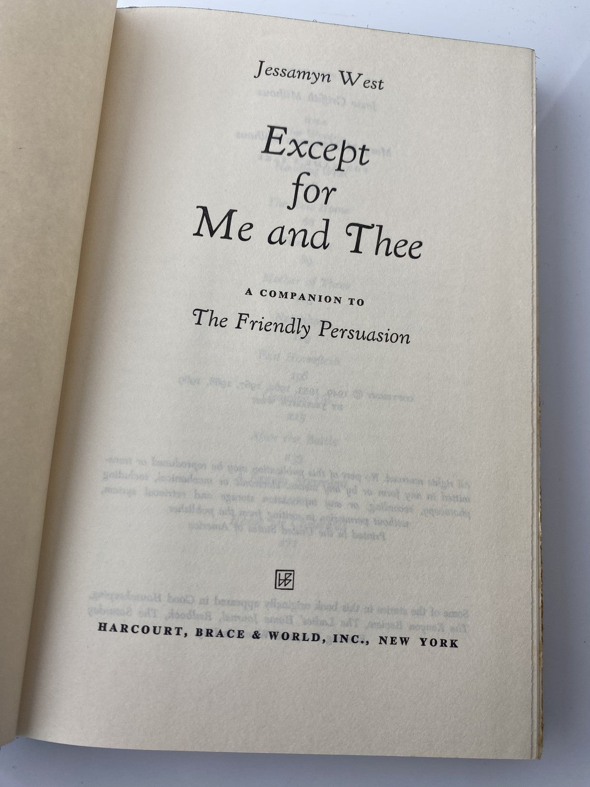 Vintage Except for Me and Thee Jessamyn West Hardcover Book Club Edition Compani