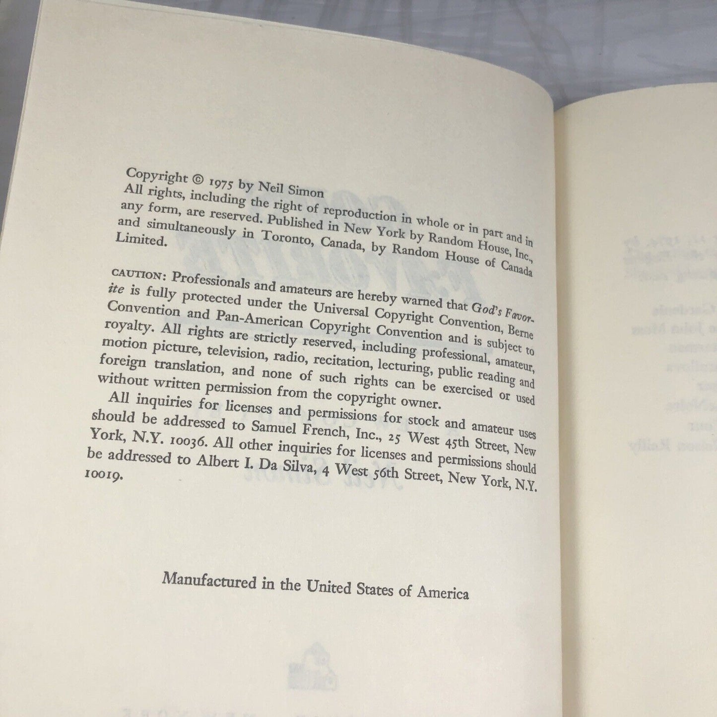 GOD'S FAVORITE - Book Club Edition HC w/ DJ Play BY NEIL SIMON