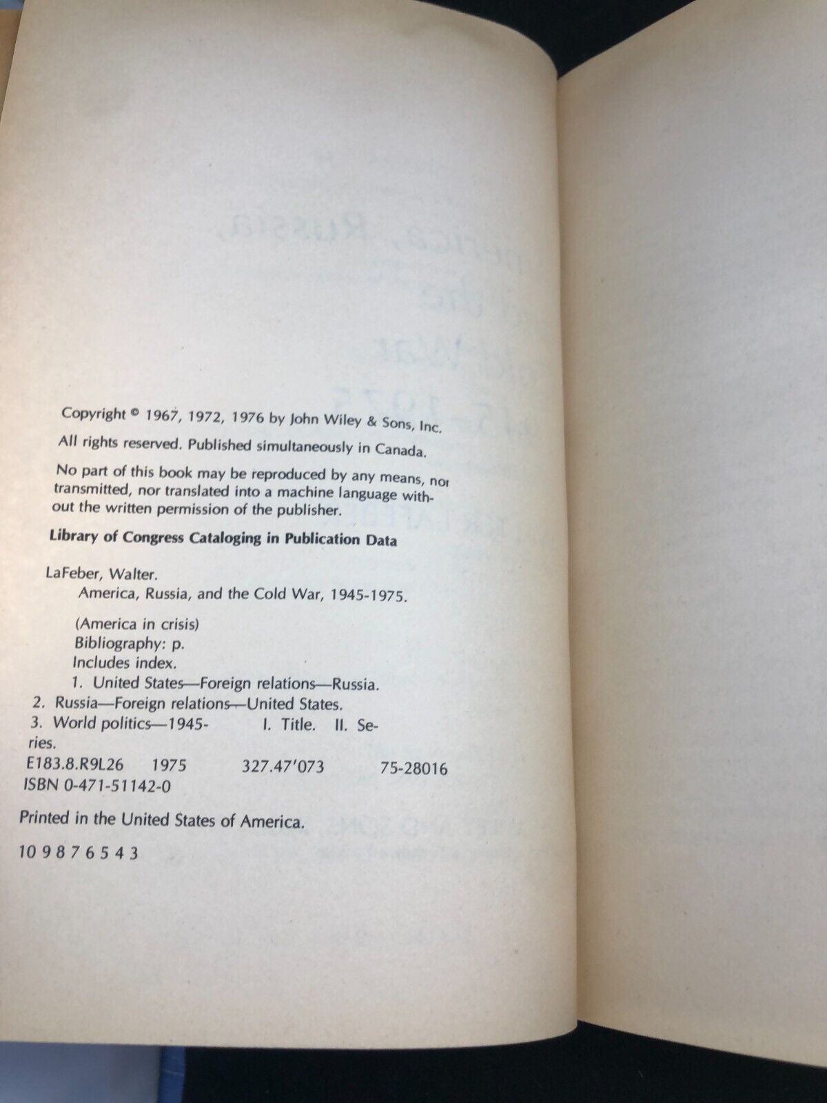 America, Russia and the Cold War 1945-1975 Paperback by Walter LaFeber Third Ed.