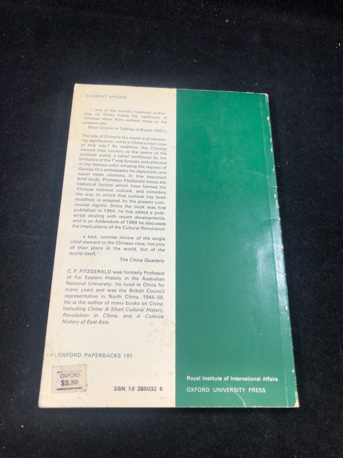 Rare C. P. FITZGERALD The Chinese View of Their Place in the World 1971 reprint