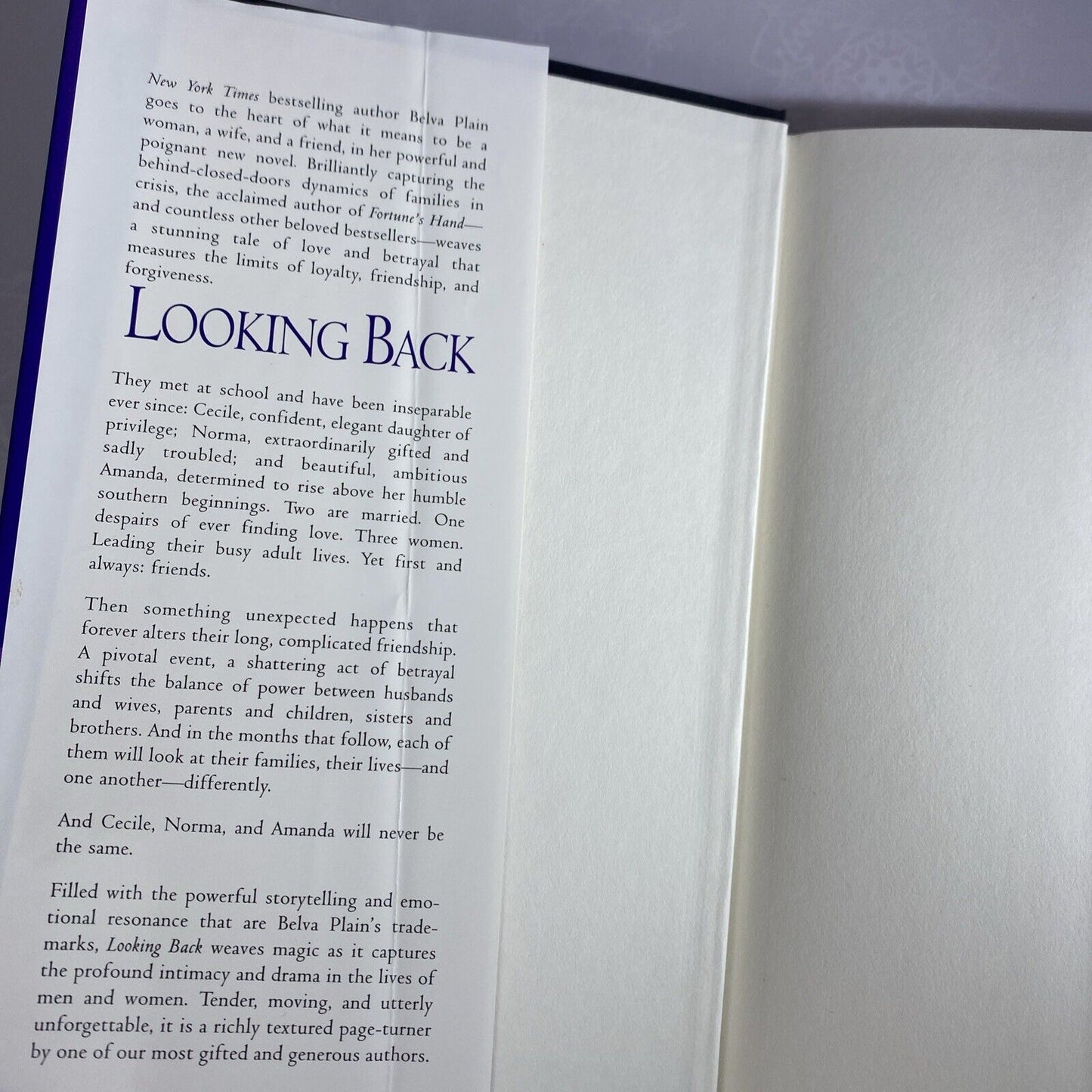 Looking Back By Belva Plain HC 2001 Unmarked Book Club Edition VG Novel