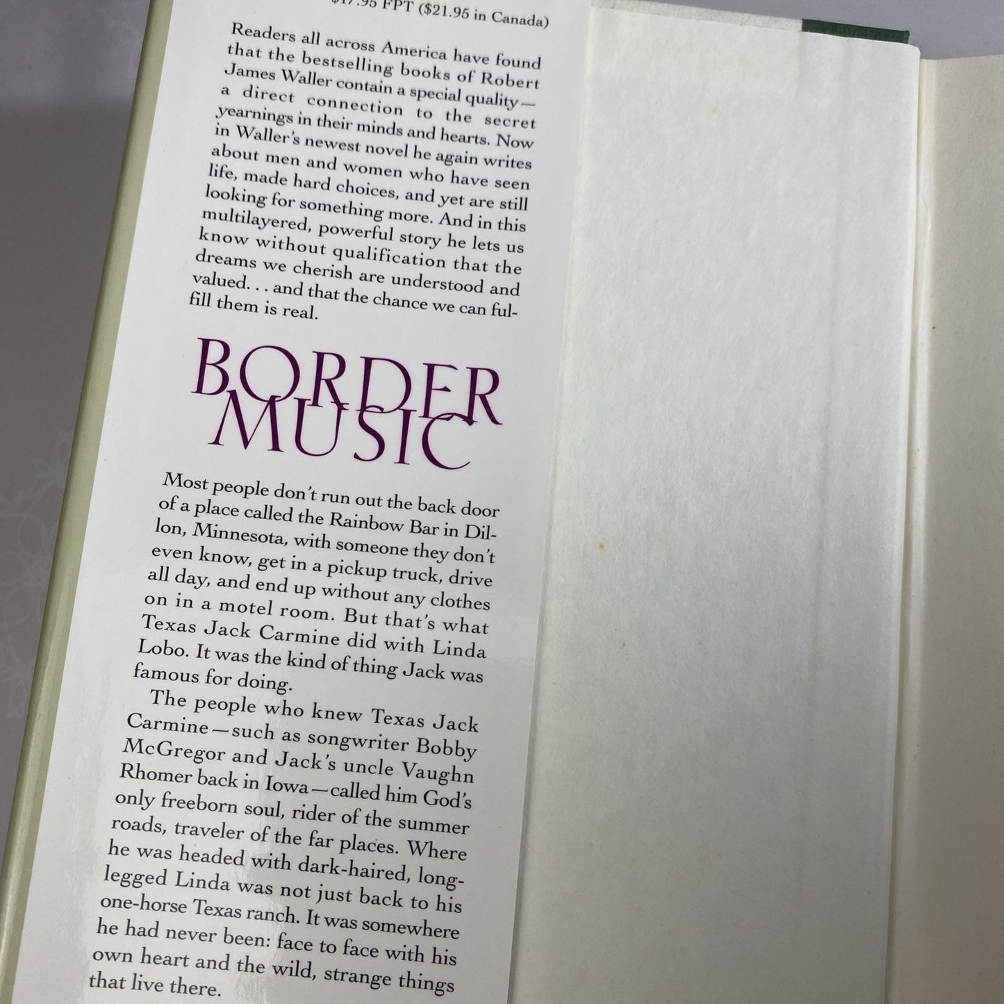 Historical Fiction. Border Music by Robert James Waller 1995 Hardcover HCDJ