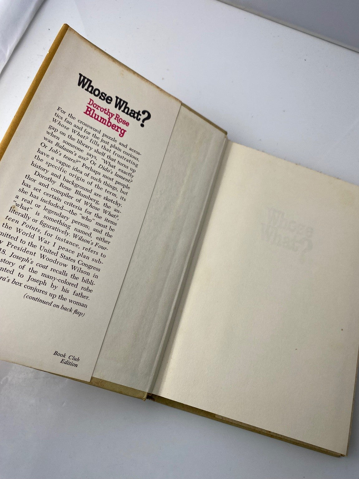 Whose What? Dorothy Rose Blumberg 1969 Book Club Edition Reference