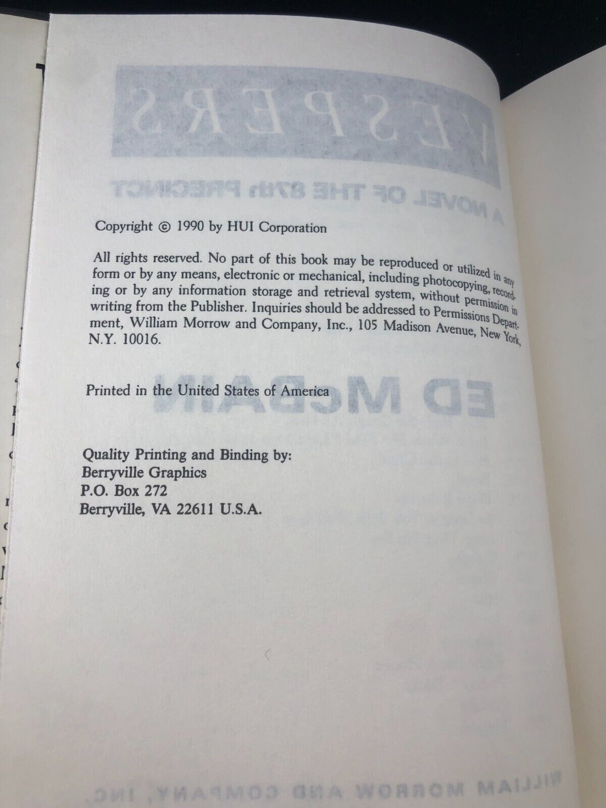 Vespers Mystery Hardcover Book by Ed McBain from Willow Morrow and Co 1990
