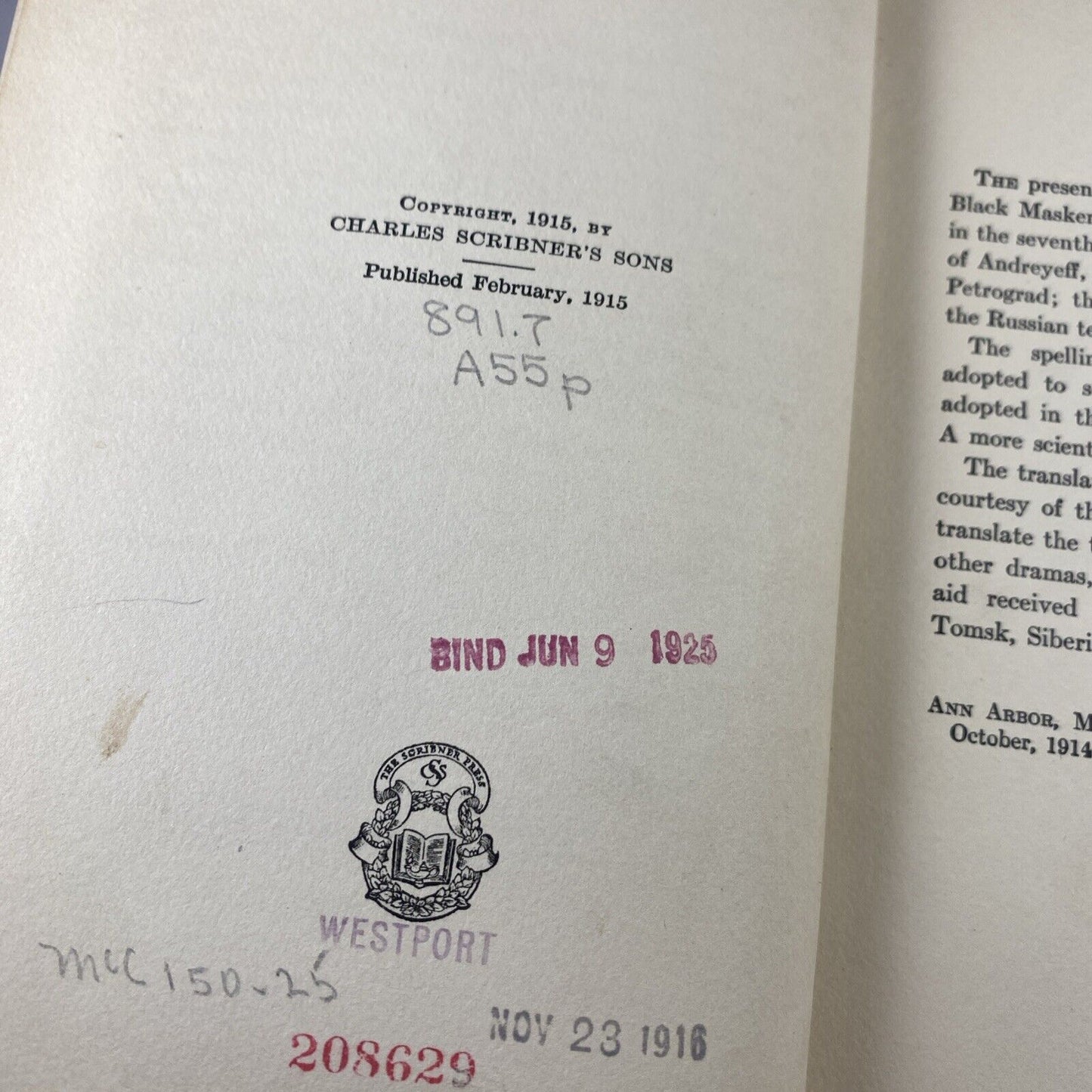 PLAYS OF LEONID ANDEYEFF Meader Scott Scribner 1915 1st Ed Unique Ex Lib Rebind