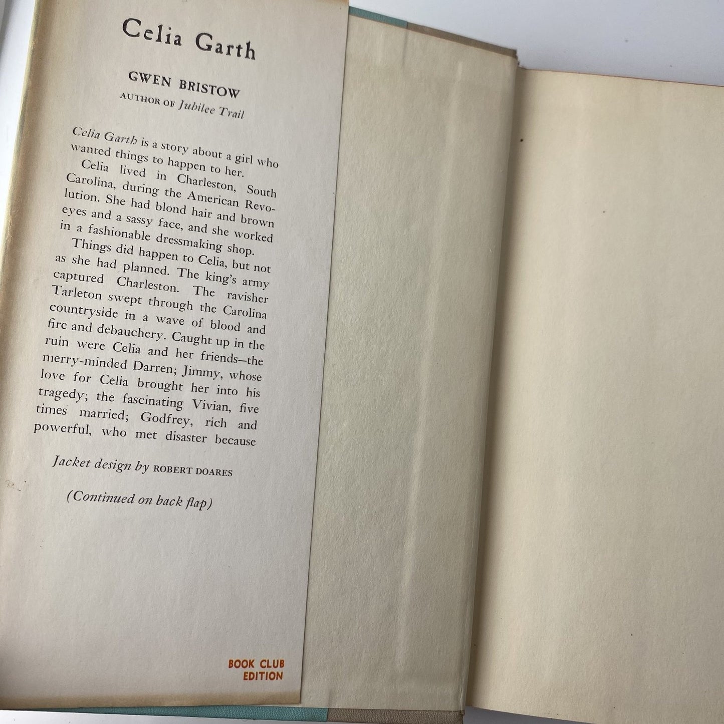 Celia Garth Gwen Bristow 1959 First Edition Historical Fiction Thomas Crowell