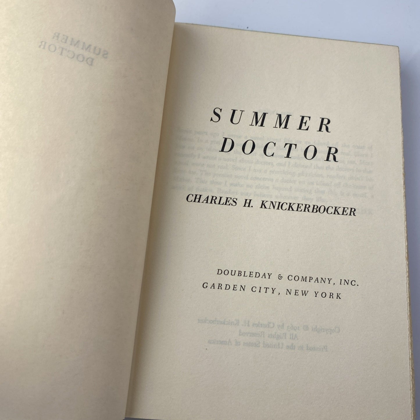Summer Doctor By Charles H. Knickerbocker 1963 Book Club Edition Hard Cover W/DJ