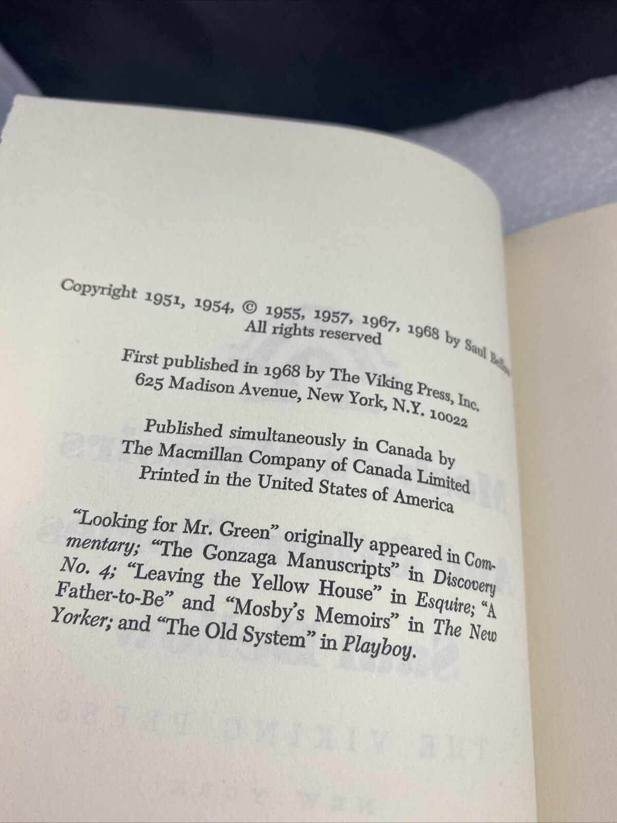 Mosby's Memoirs and Other Stories Hardcover Saul Bellow Book Club Edition Lit