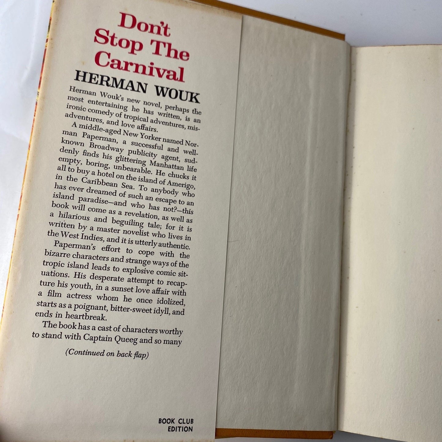 Don't Stop The Carnival Herman Wouk 1965 Book Club Edition Fiction Doubleday