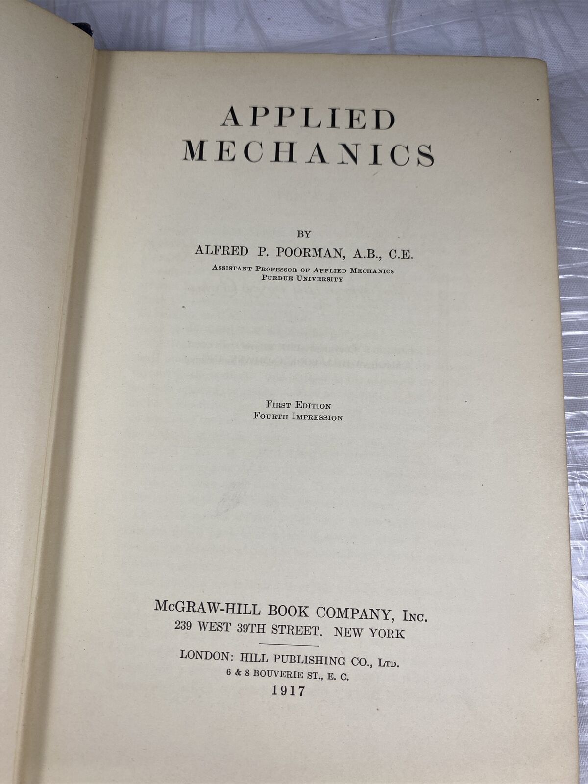 1917 APPLIED MECHANICS Alfred Poorman 1st Ed 4th Impression Vtg School Textbook
