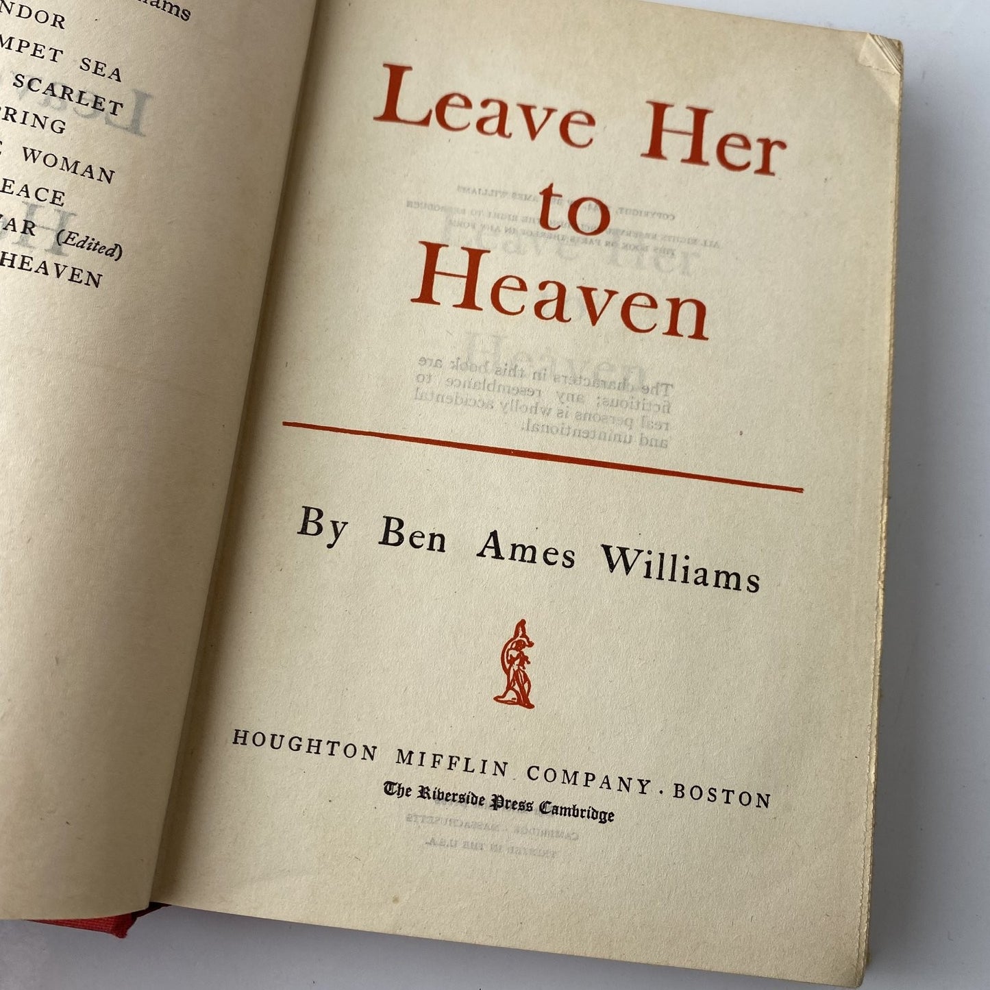 Leave Her to Heaven Ben Ames Williams 1944 1st Edition Fiction Houghton