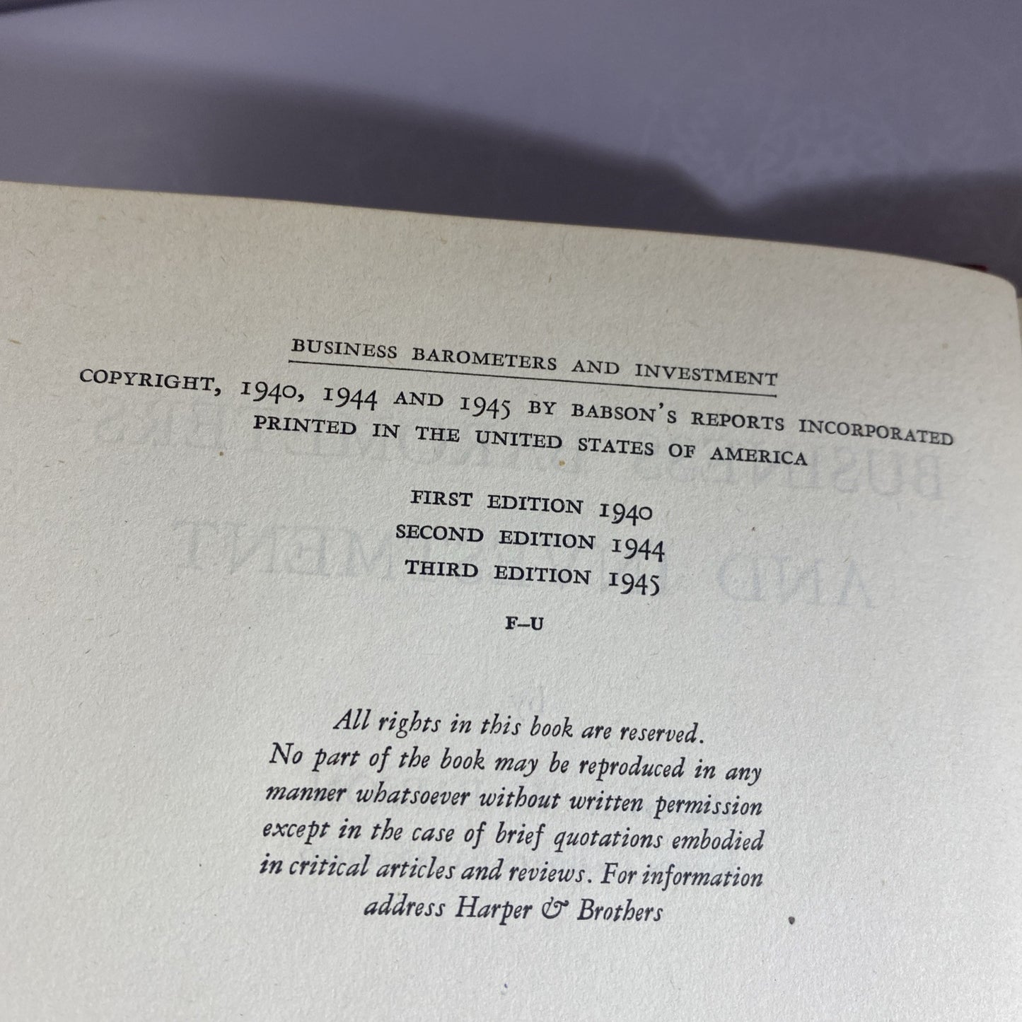 1940 Business Barometers and Investment by Roger W. Babson - HC Vintage Textbook